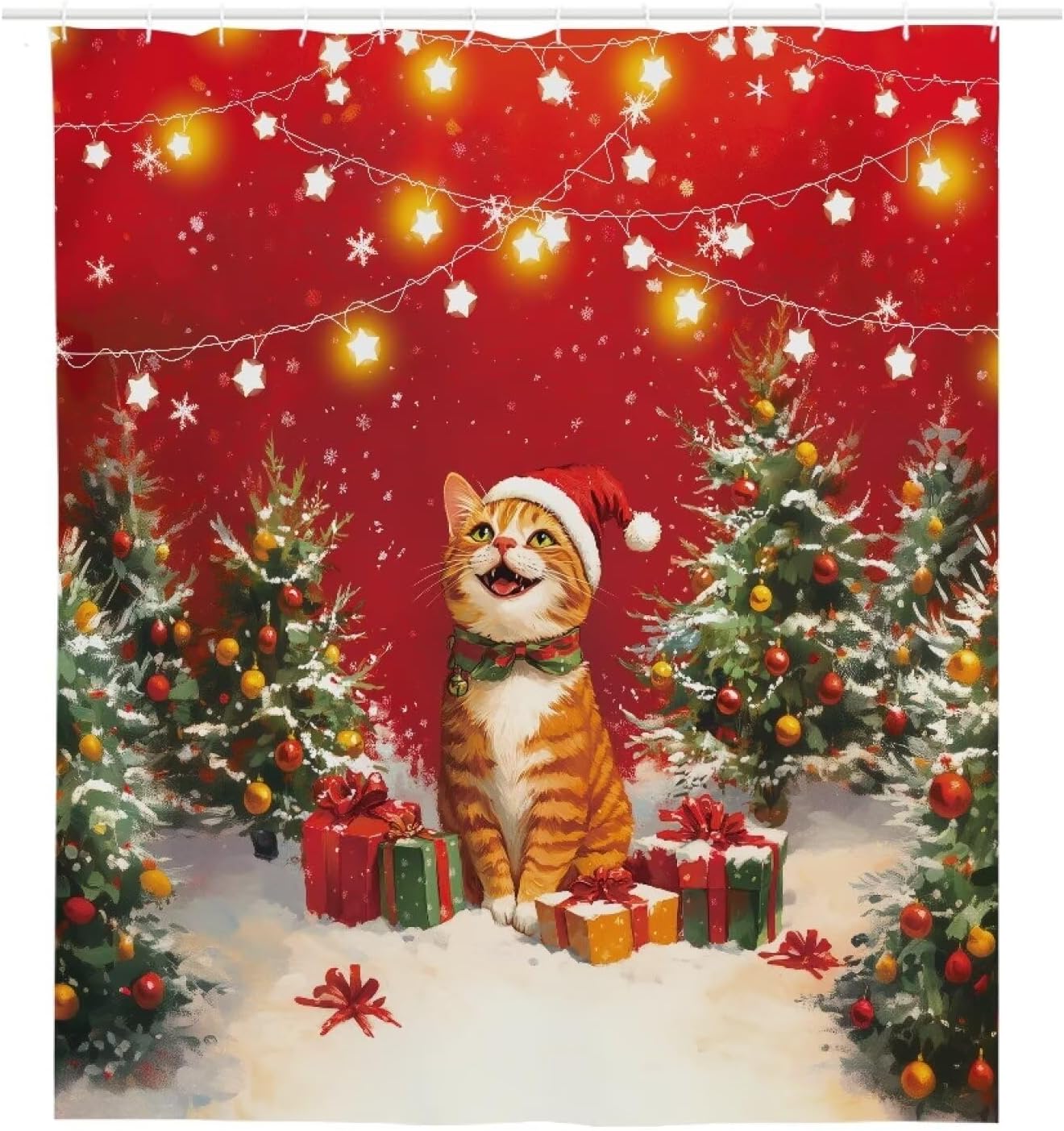 Christmas Cat Tree Light Stars Shower Curtain Liner Smooth Waterproof Bathroom Decor Washable Fabric Shower Curtains Fit Most Shower Rods for Home Hotel Christmas Decoration
