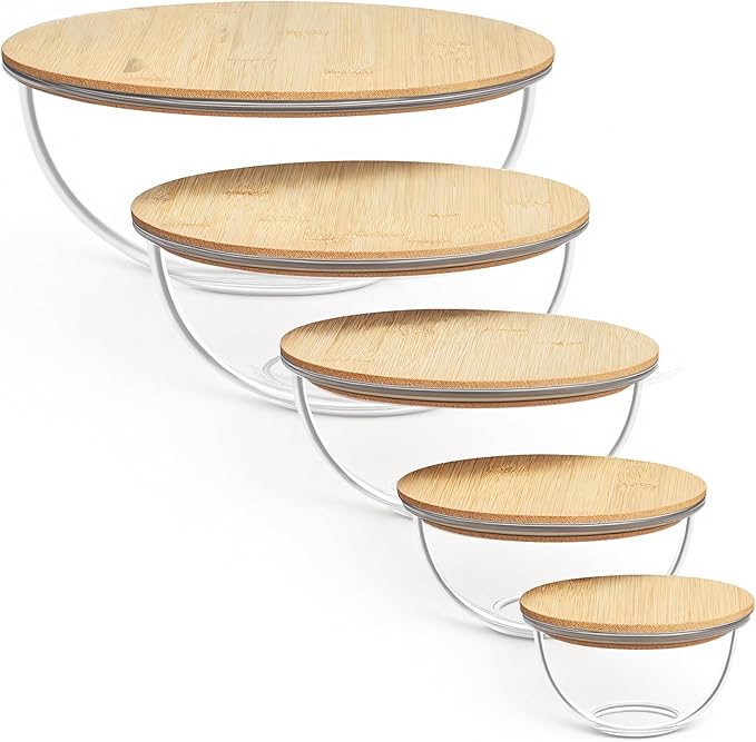Vtopmart 5 Pack Glass Mixing Bowls with Bamboo Lids Set (3.75/2.1/1.1/0.5/0.2 QT), Salad Bowl Set, Nesting Kitchen Bowls for Serving, Prepping, Cooking and Baking, Dishwasher & Microwavable Safe