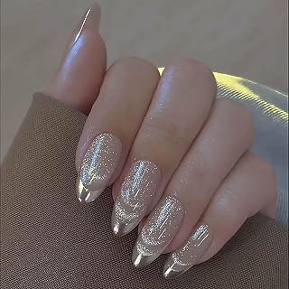 Medium Press on Nails Almond Shape with French Tip and Cat eye Effect Design Champagne Color False Nails, Comfortable to Press Ons, Suitable for Women and Girls for Daily Use