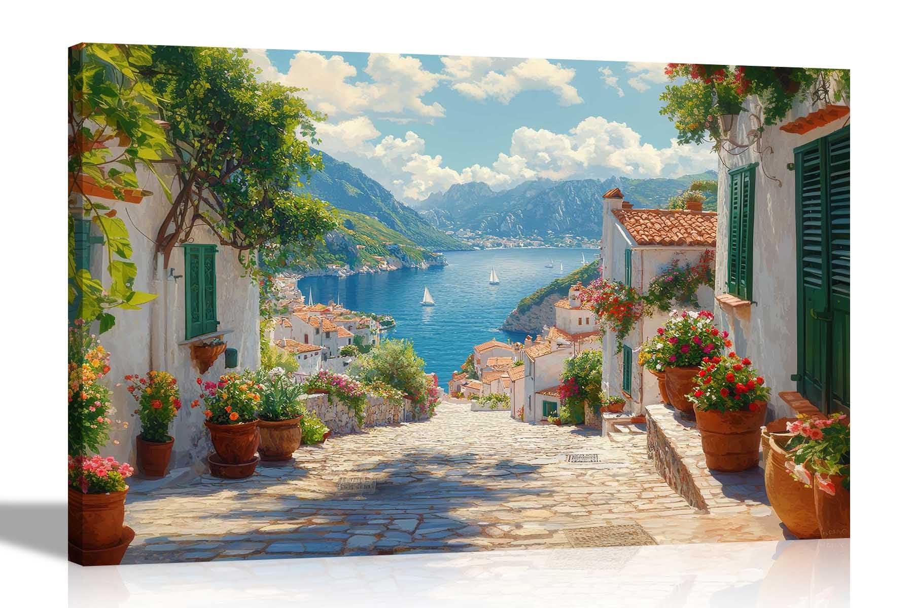 Artley Prints Path To Mediterranean -Mediterranean Ocean Mountain Landscape Colourful Canvas Wall Art For Bedroom Hallway Living Room Prints Décor Pictures Extra Large 101 X 76Cm (40 X 30 Inches)