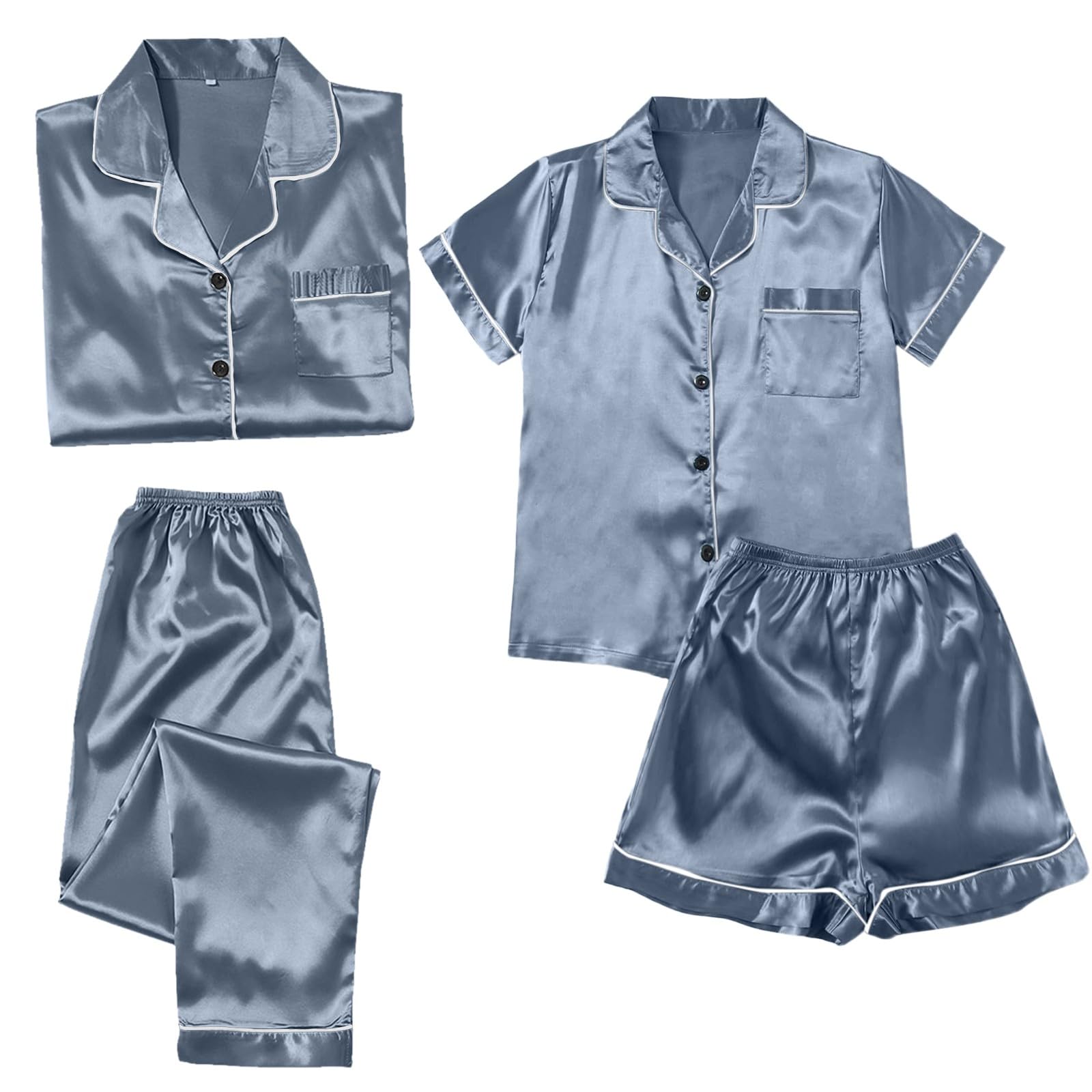 Conjunto de pijamas para mujer, 4 piezas, pijamas de talla grande, pijamas casuales para mujer, pantalones cortos de encaje, ropa de casa, pijamas con carlino (azul claro, XXXXL), azul claro,