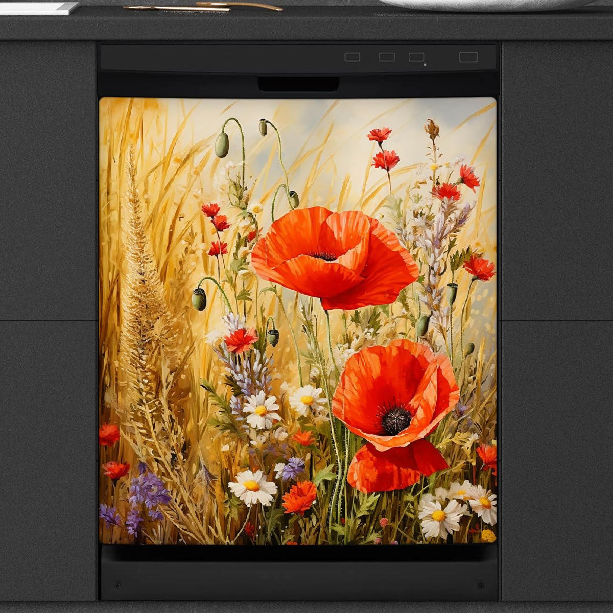 Mexpekil Geschirrspüler-Magnetabdeckung für Türfront, Vintage-Mohnblumen-Gemälde, wiederverwendbar, dekorative Platte für Geschirrspüler, Kühlschrank, 53,3 x 66 cm