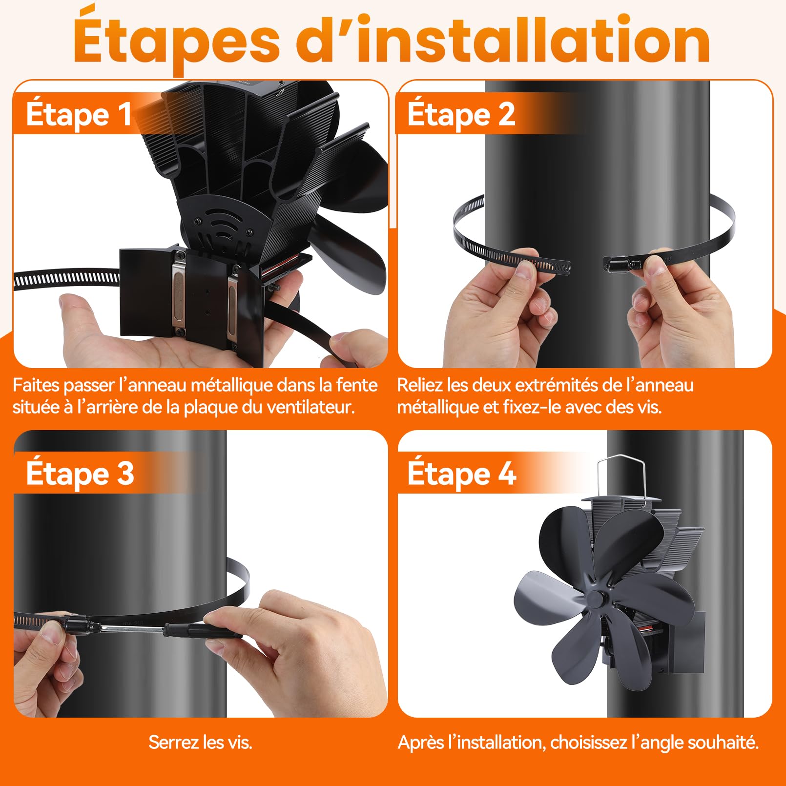 JossaColar Ventilateur Poele à Bois Magnetique 6 Pales | Socle Réglable - Adapté aux Cheminées et aux Tuyaux de Poêle | Ventilateur de Cheminée Avec Thermomètre Magnétique