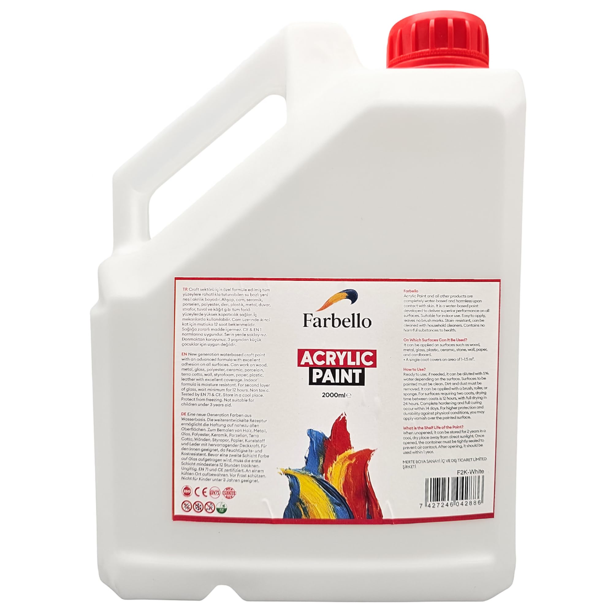 Peinture Acrylique – Haute Pigmentation, Base Eau & Résistante à l’Eau – Qualité Artiste Professionnelle pour Toile, Bois, Tissu & Pierre (2000 ml, blanc)