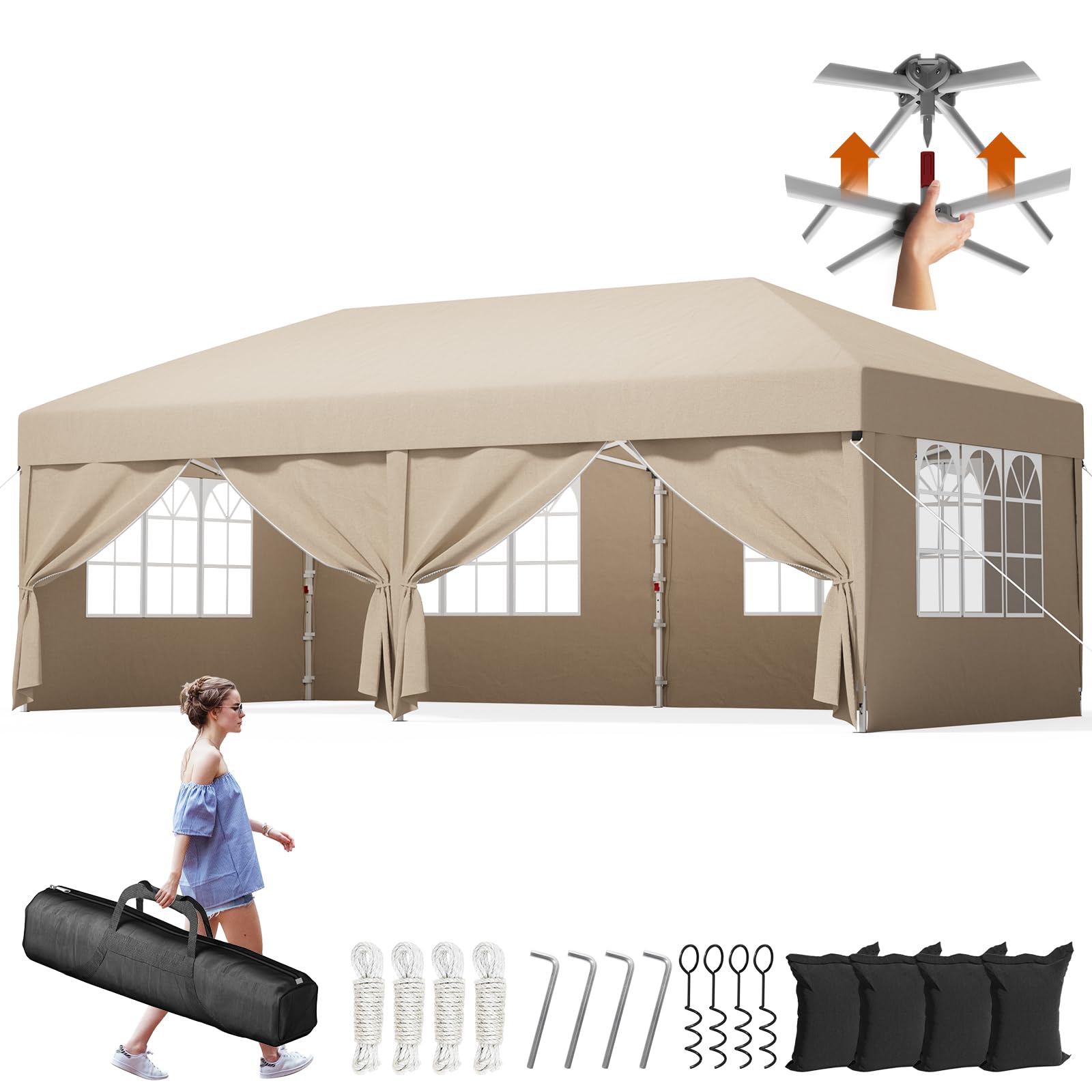 Devoko Gazebo 3x6 Pieghevole Impermeabile, Tenda Pop Up Pieghevole con 6 Pareti Rimovibili, Gazebo Pieghevole con 3 Altezze Regolabili Protezione UV 50+ per Giardino, Terrazza, Campeggio (Beige)
