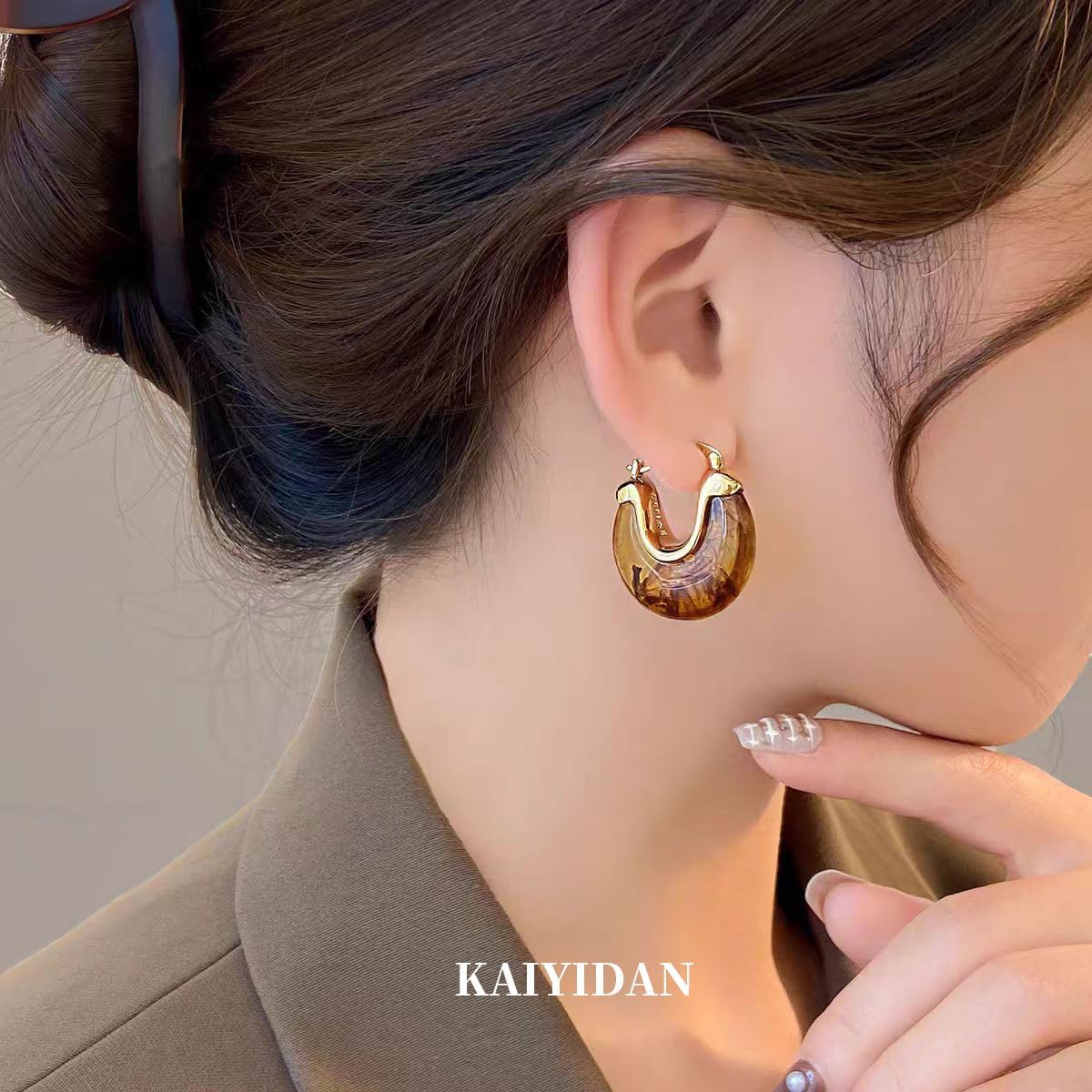 Gold Hoop Earrings For Women Trendy,Chunky/Big/Thin/Medium/Oval/Thick/Twist Multi-Colored Zirconia Dangle Huggie Rainbow CZ Hoops Lightweight,Amber Resin Hoops,Birhtday Fashion Jewelry Gift. - Image 3