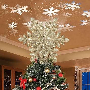 Christmas Tree Topper Projector, Led Rotating Tree Topper with Magic Snowflake Lights, 3D Hollow Glitter Tree Topper Lights, Projecting Tree Topper for Christmas Tree Decorations Gold Snowflake