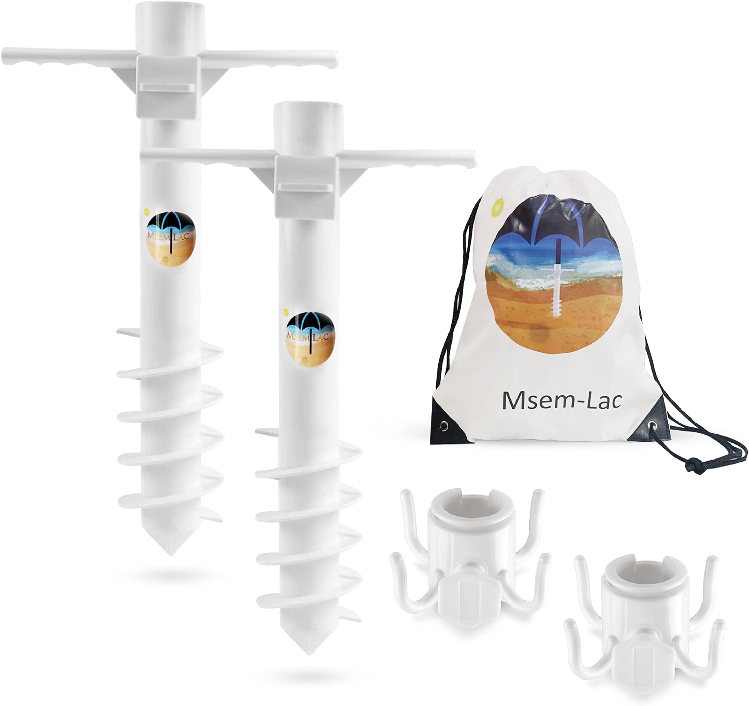 msem-lacMSEM-LAC 2 Pack Beach Umbrella sand anchor included with Hanging Hook & Bag; 5 spiral screw Holder outdoor,ground anchors for high winds; Universal one-size-Fits-All Ideal accessory and lawn white