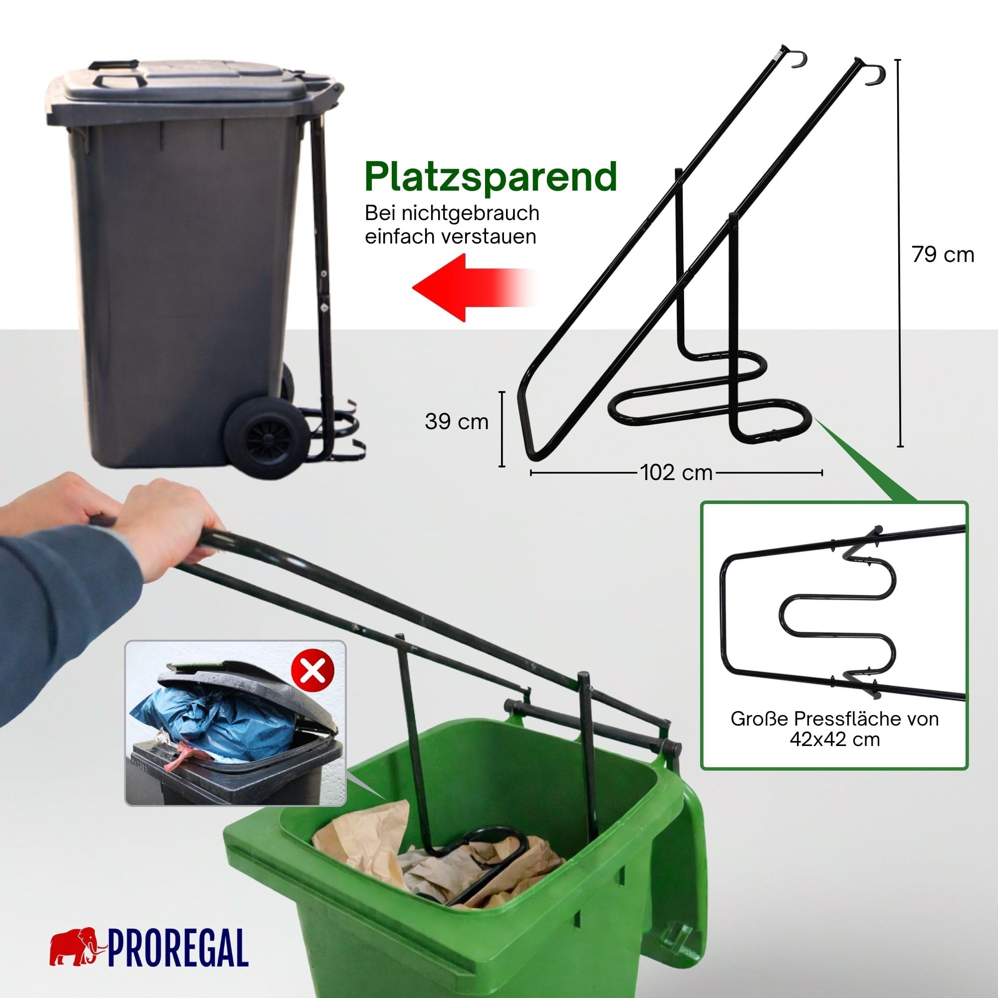 PROREGAL Müllpresse Pressforce für Zuhause manuell, Müllverdichter für 60 bis 240 Liter Mülltonne, Hausmüllpresse aus Stahl, Abfallverdichter für Hausmüll, Abfallpresse für Restmüll & Papier