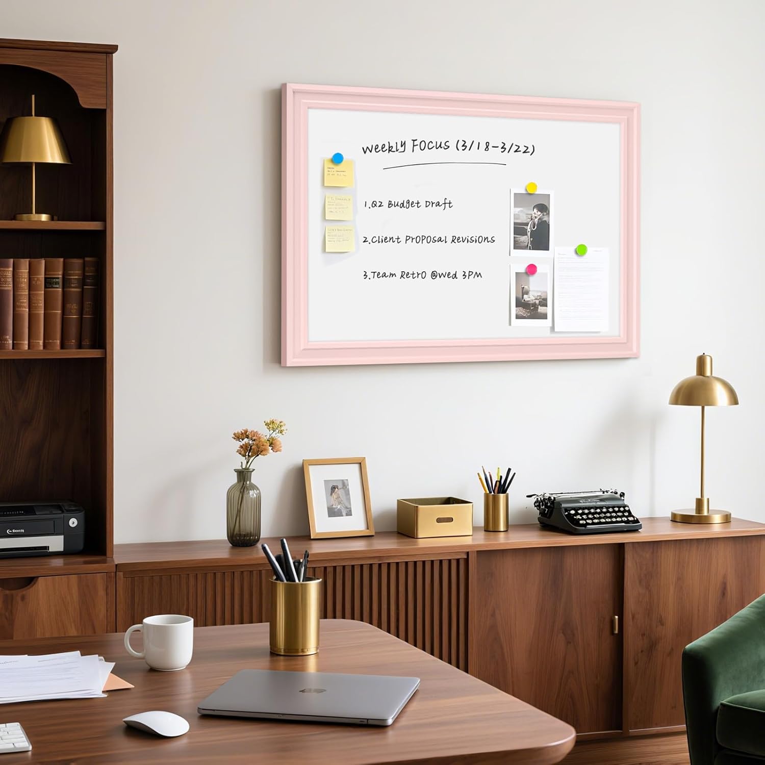 Large White Board for Wall, 36'' x 24'' Magnetic Dry Erase Board, Decorative Whiteboard with Pink Wooden Frame, Hanging Writing Board for Home Office School Dorm