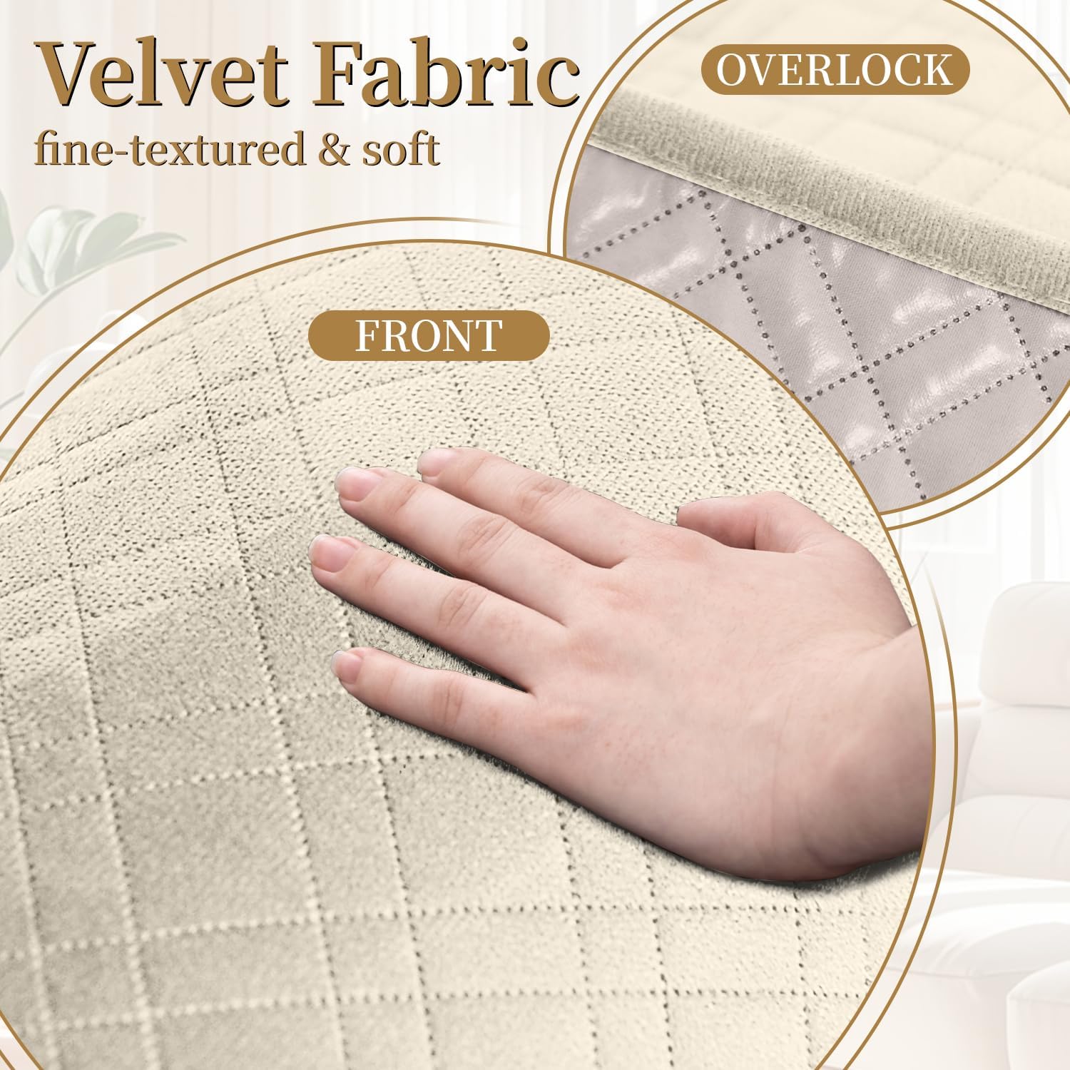 Velvet 100% Waterproof Couch Cover for Dogs Washable Sofa Covers for 3 Cushion Couch Pet Friendly Sofa Slipcovers Set Non Slip Quilted Furniture Protector with Pockets (Large, Beige)