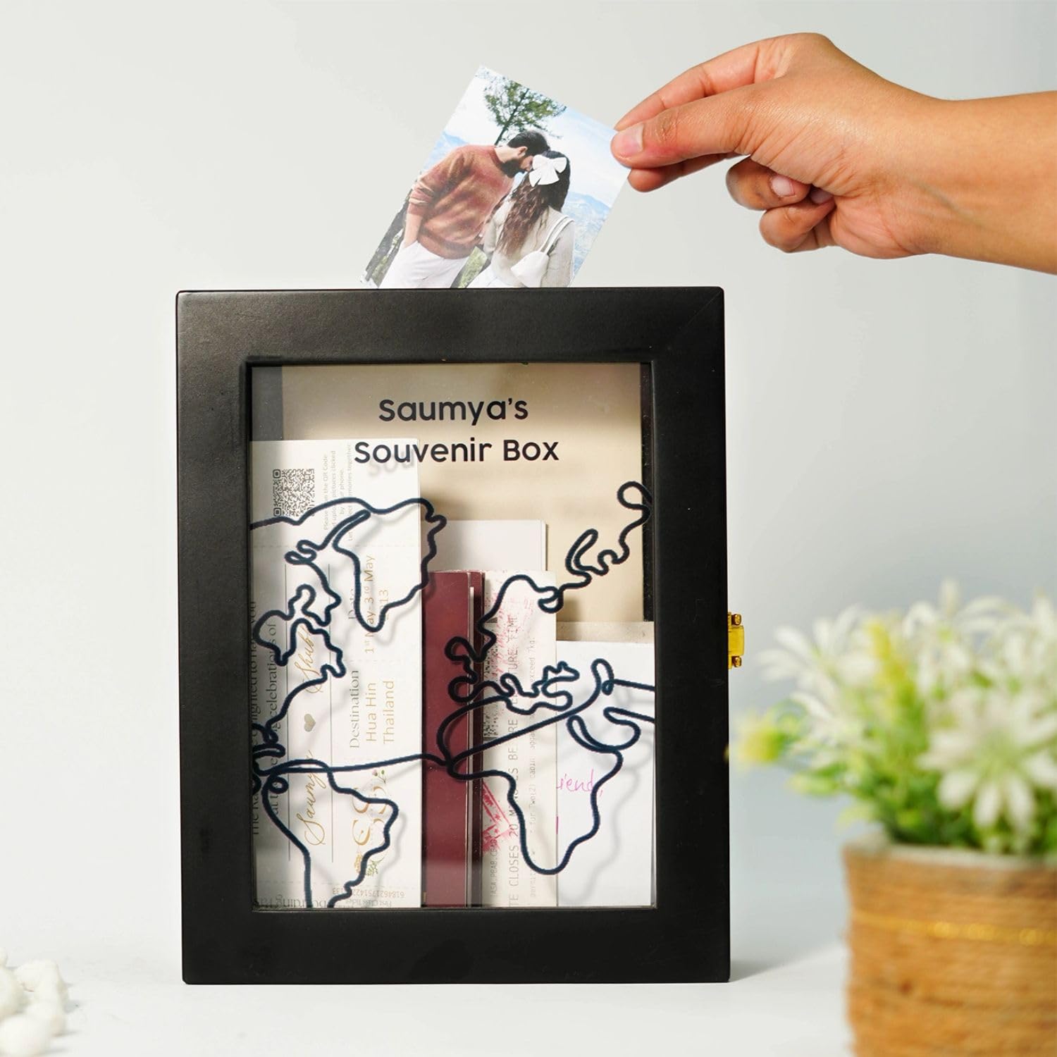 CONFETTI GIFTS Black Wooden Travel Memory Box, Wall Hanging Wooden
