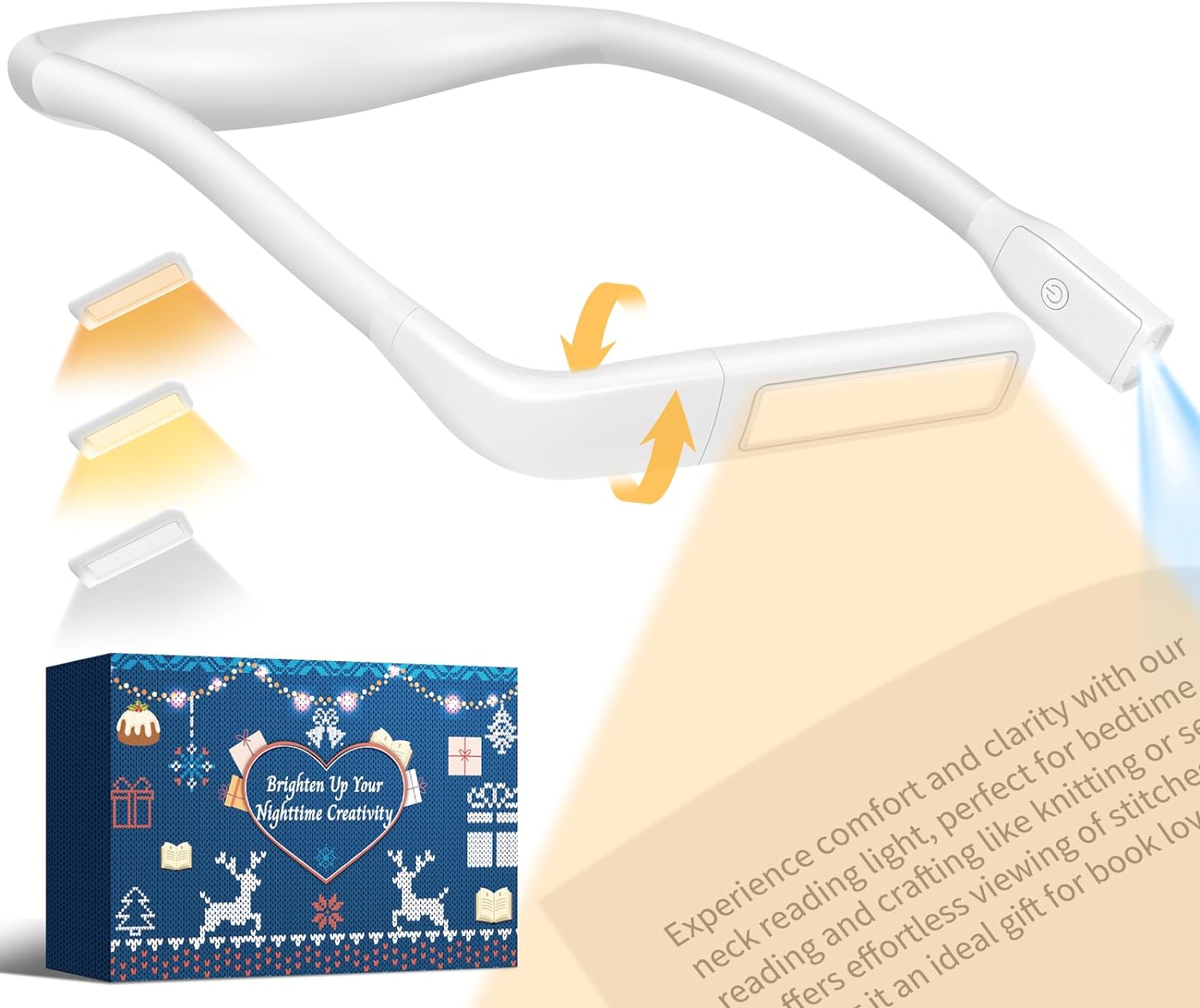 Neck Reading Light for Bed, Rechargeable Book Light Book Lovers Gifts for Men Women, Christmas Stocking Stuffers Gifts for Crafters Who Knit, Hands-Free Lamp for Reading in Bed, Camping