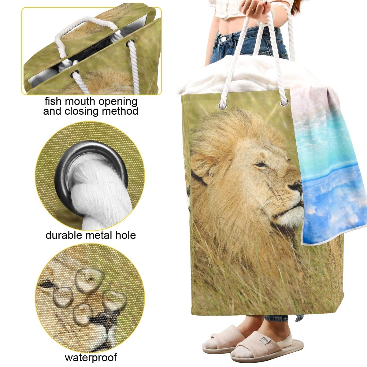 African Lion großer Wäschesack, freistehend, zusammenklappbar, mit einfachen Tragegriffen