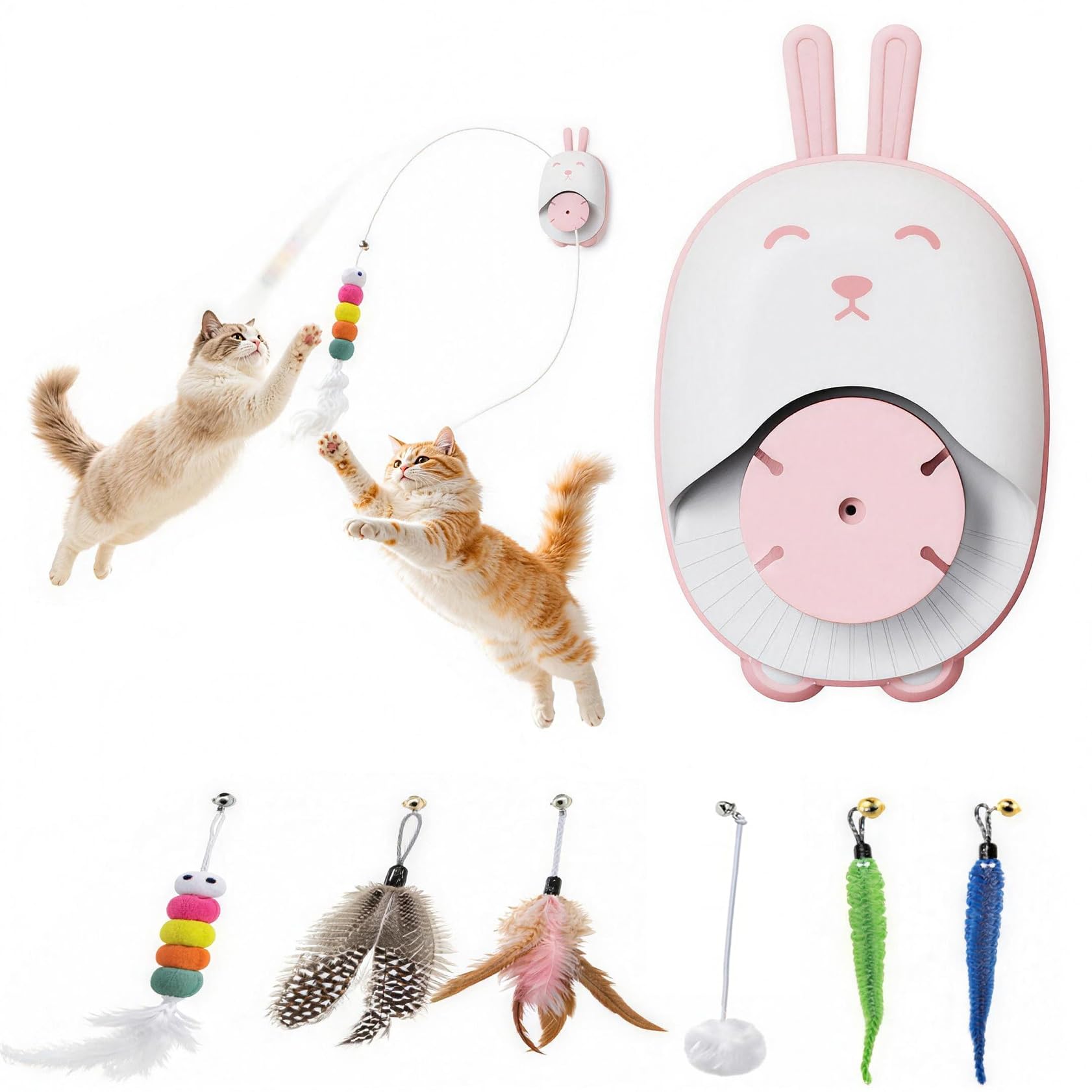 Interactive Cat Toy for Indoor Cats, Automatic Hanging Toy with 5 Replaceable Accessories, USB-C Rechargeable, Solo Play Cat Toy, Relieves Boredom and Favors