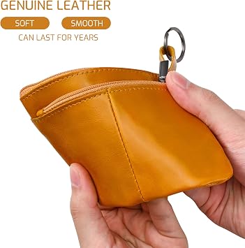 Genuine Leather Coin Purse Pouch Triple Zipper Card Holder Wallet with Key Ring,Light Brown