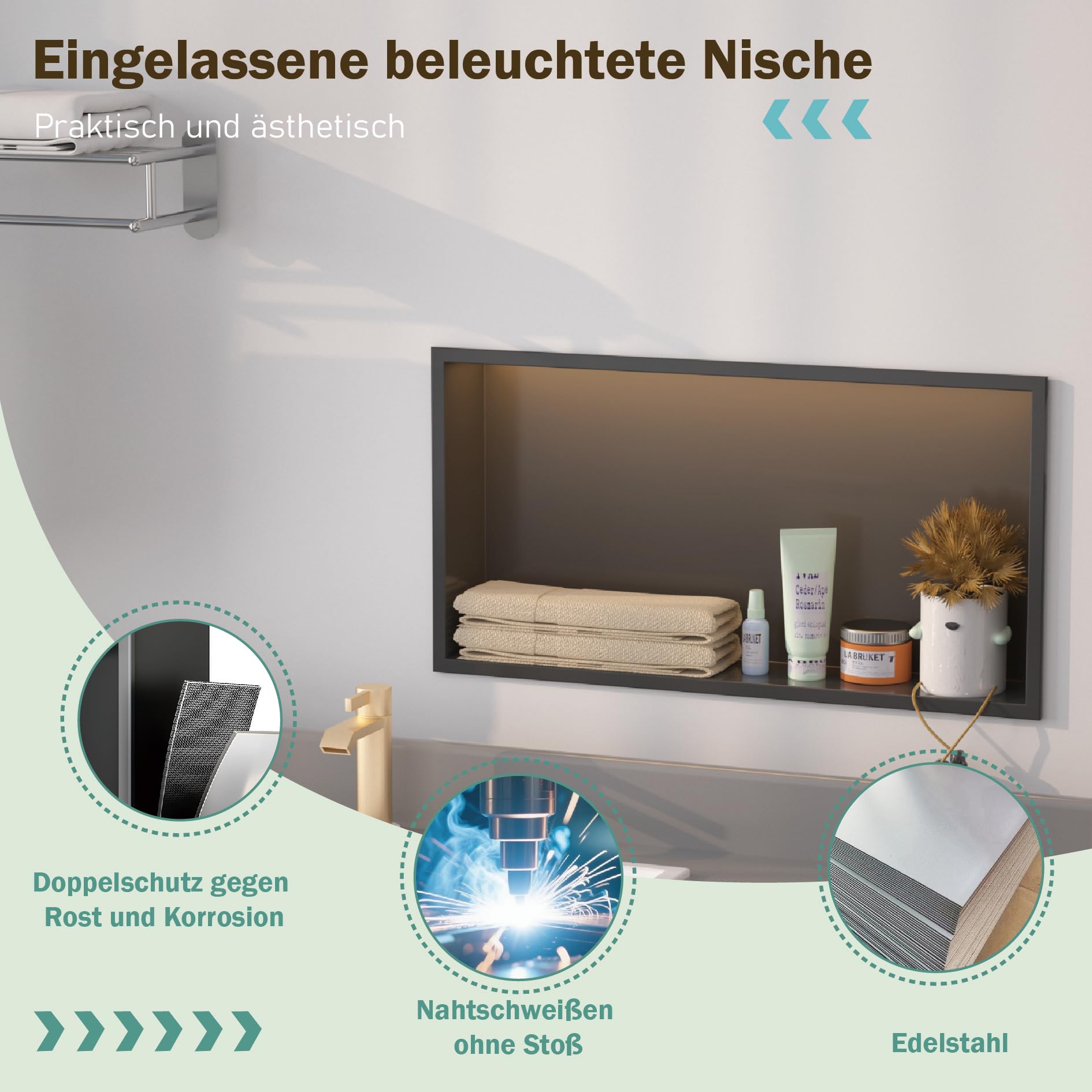 LED Edelstahl Einbaunische Wandnische für Dusche，Integrierte Fliesenlose Duschablage aus Rostfreiem Edelstahl, Badezimmer-Aufbewahrung für Shampoo & Duschgel (Matt schwarz, 60X30cm)