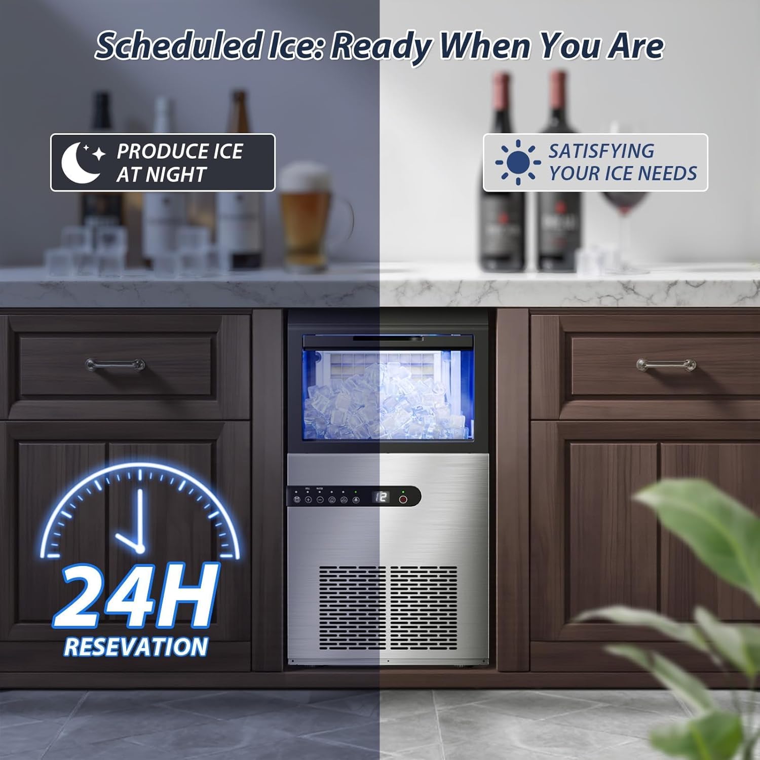 Commercial Ice Maker Machine, 120lbs/24H Stainless Steel Under Counter ice Machine with 45 Ice Cubes/Cycle, 2 Water Inlet Modes, Self Clean, 24H Timer,29LB Storage Bin for Bar, Coffee Shop, Home