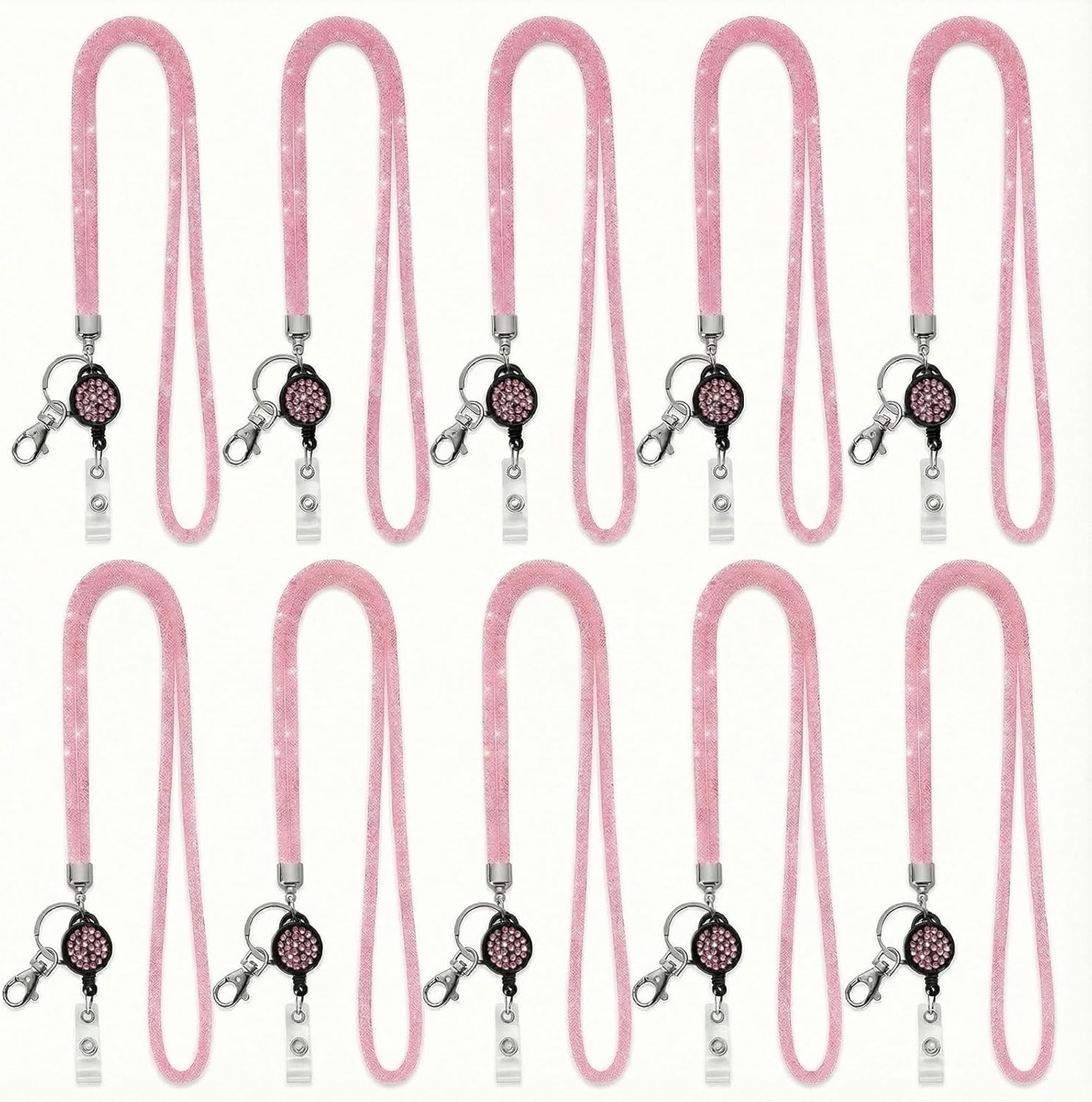 10 Pack Bling Mesh Adjustable Badge Lanyards with Retractable Card Holder & Lobster Claw Clip, Glittery ID Necklace for Work, School, Keys, Everyday Use (Pink)