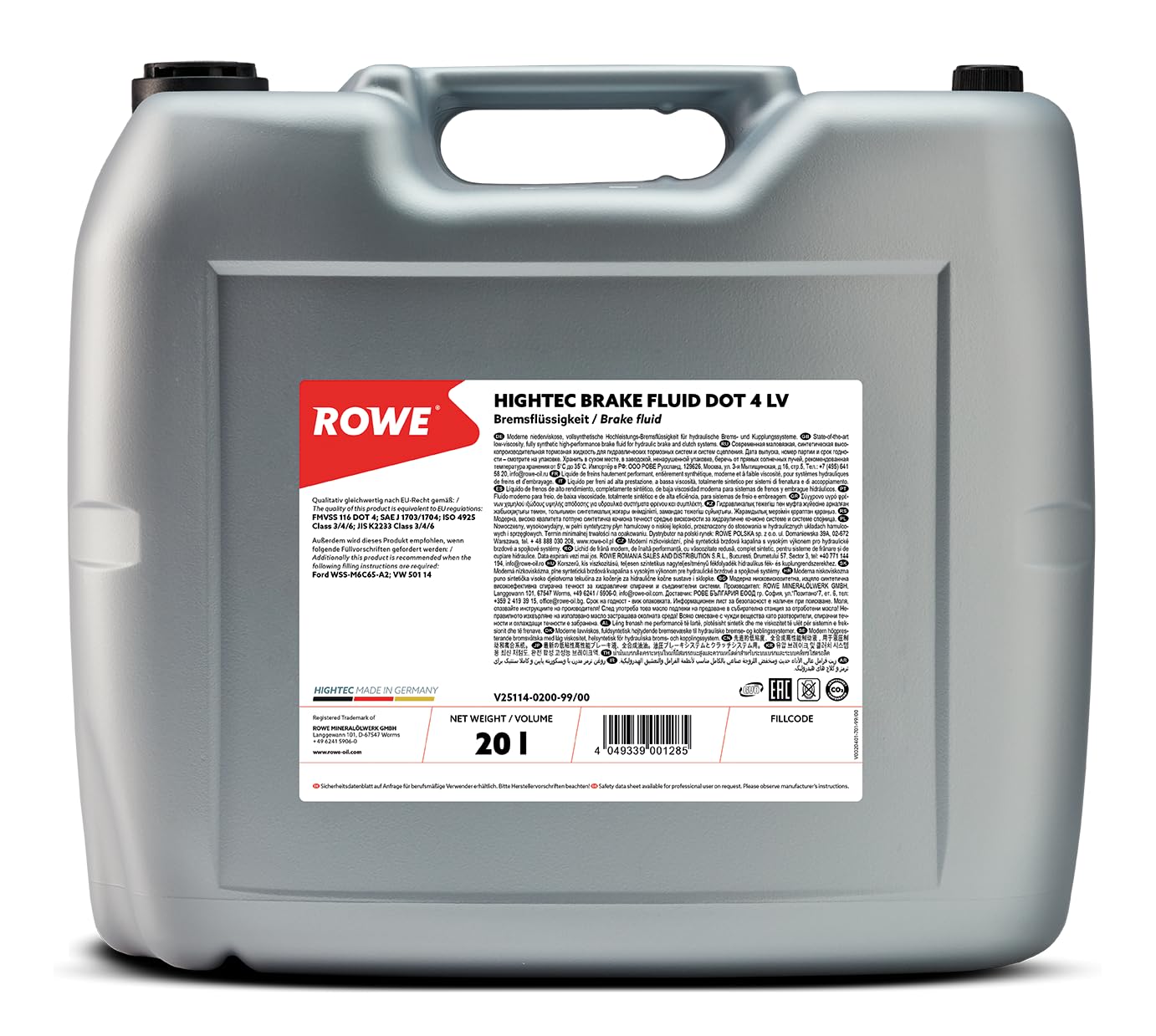 ROWE Hightec Brake Fluid Dot 4 LV - 20 Liter PKW Bremsflüssigkeit vollsynthetisch | Made in Germany