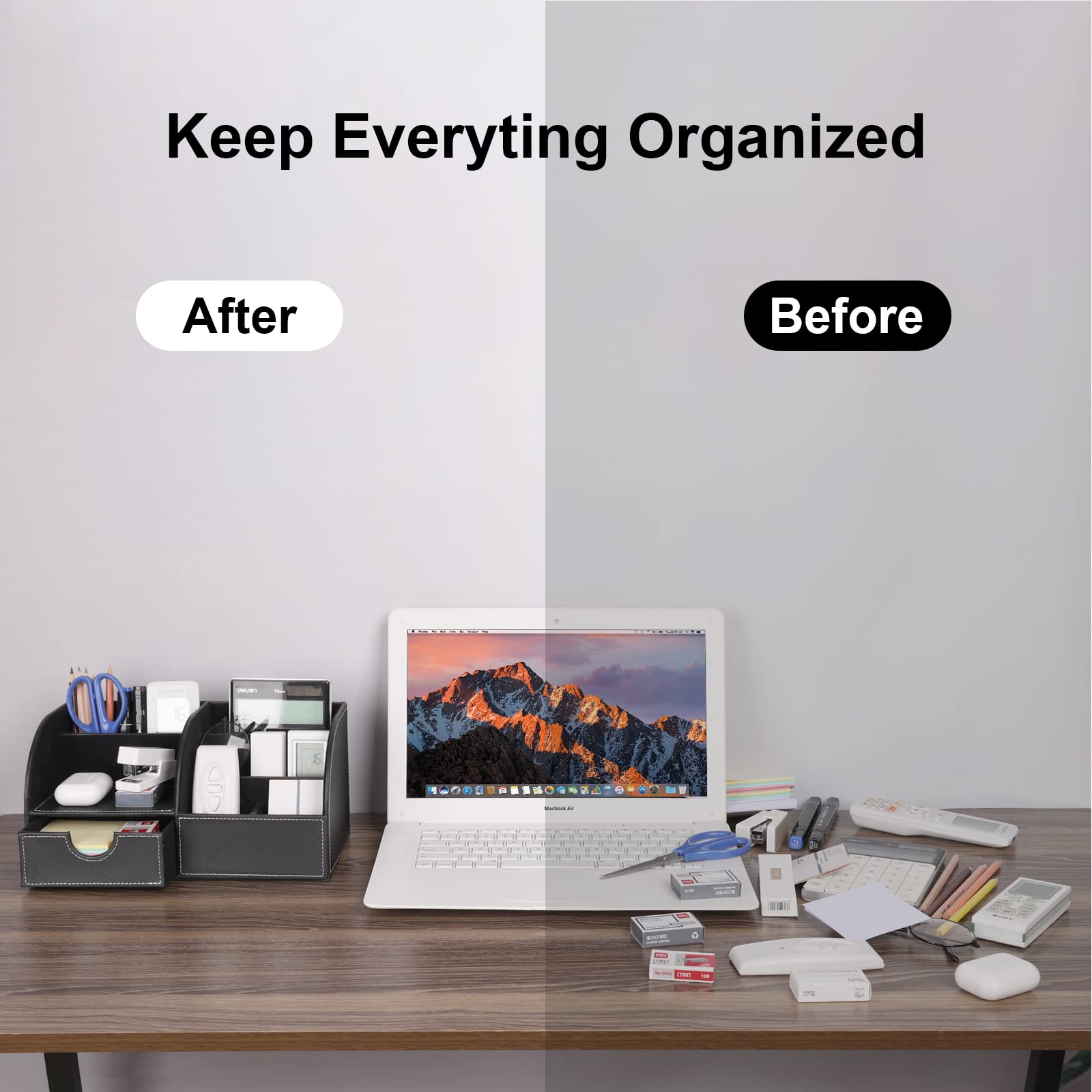 Richblue Schreibtisch Organizer, PU Leder Stiftehalter Schreibtisch, Multifunktionaler Büro Organizer mit Klein Schublade (7 Fächern-Schwarz)