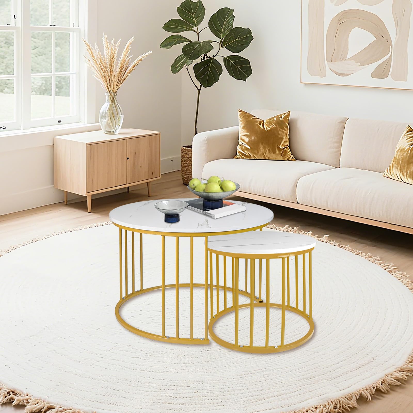 OHMG Set mit 2 Beistelltischen, rund, 70/50 cm, runder Beistelltisch, modernes Design, Wohnzimmertisch aus Marmor, mit Fuß aus Stahl (weißer Marmor + goldene Beine)
