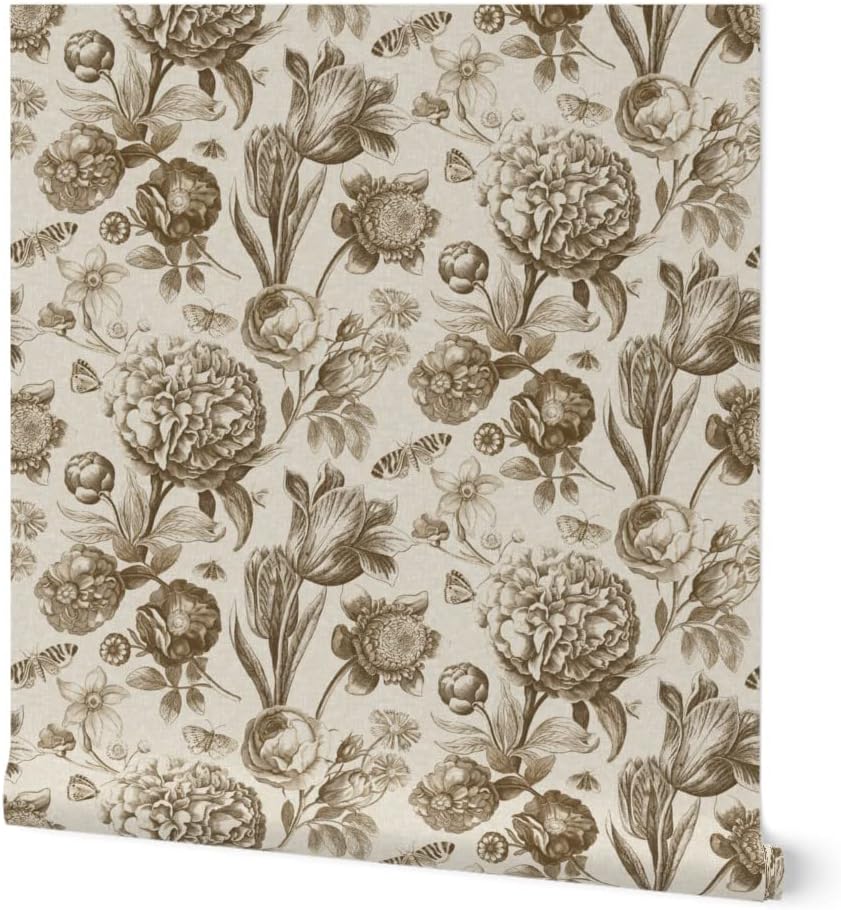 Spoonflower Removable Wallpaper Swatch - Victorian Style Botanical Taupe Cream Floral Antique Inspired Sepia Custom Pre-Pasted Wallpaper