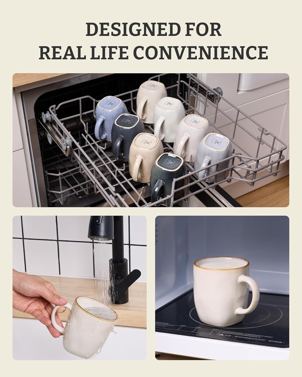 famiware Coffee Mugs Set of 4, Ocean Square 13oz Coffee Cup Set with Handle for Cocoa, Milk, Hot Chocolate, Stoneware Cups for Kitchen, Reactive Glaze, Microwave and Dishwasher Safe, Cappuccino White - Image 7