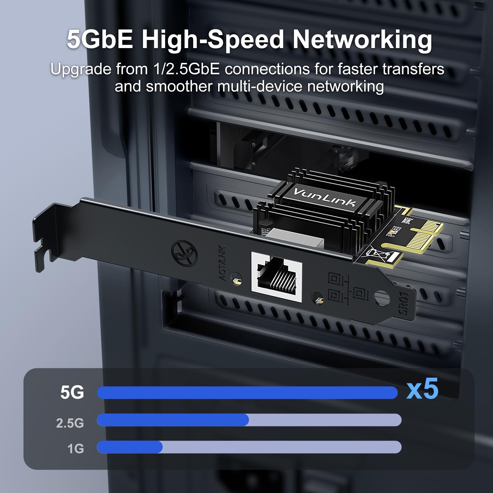 Scheda di rete PCIe 5G, adattatore Ethernet VunLink 5 Gbps, Realtek RTL8126, multi-velocità 1G/2.5G/5G, Wake-on-LAN, per Windows 10/11, Windows Server e Linux