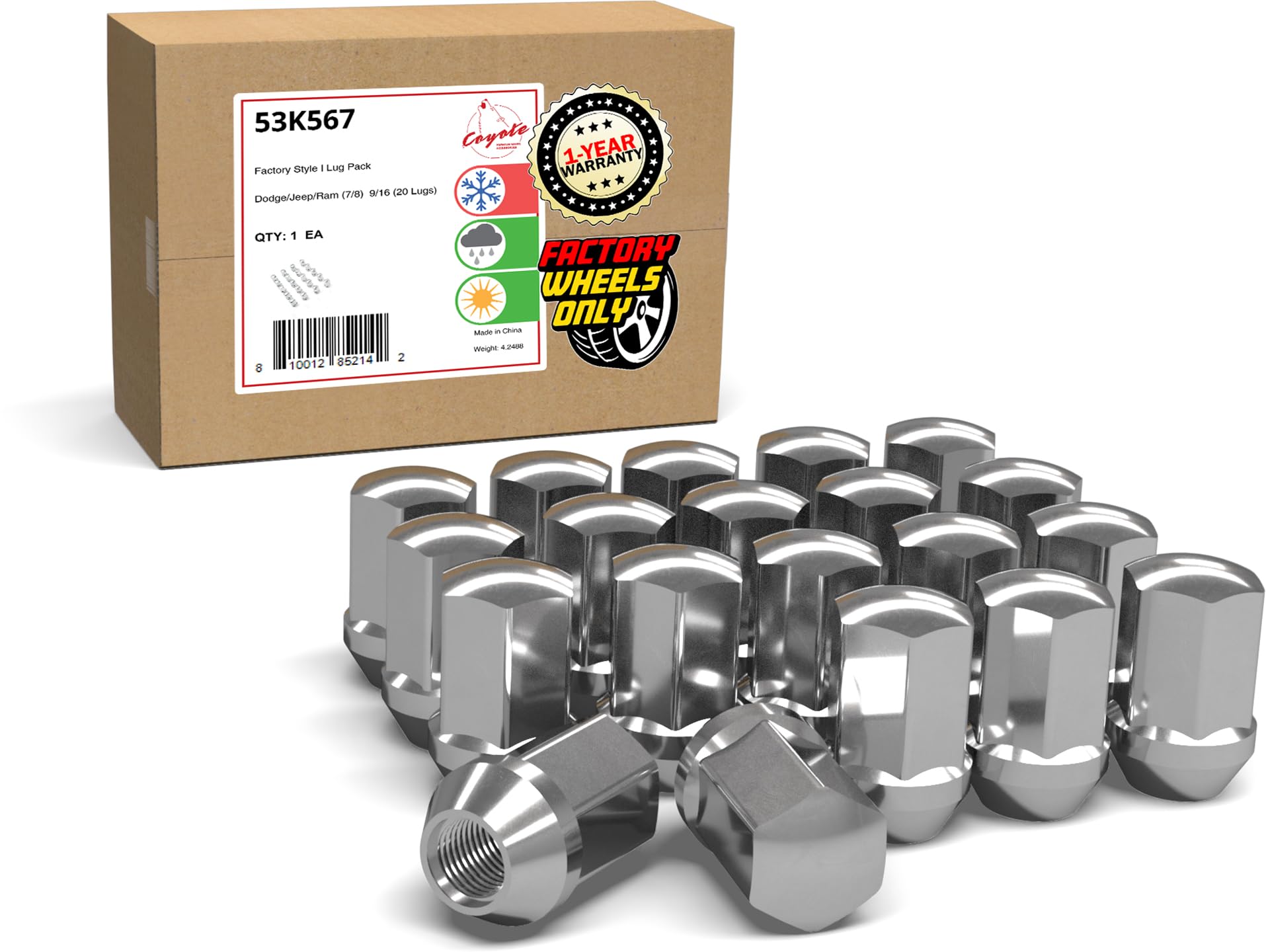 Wheel Accessories Parts 20 Pcs 9/16"-18 Thread OEM Style Lug Nuts 1.65" Long Chrome 7/8" 22mm Hex Fits Chrysler Aspen | Dodge Dakota Durango RAM 1500 | RAM 1500 Dakota 0603-6433AA | 611-204