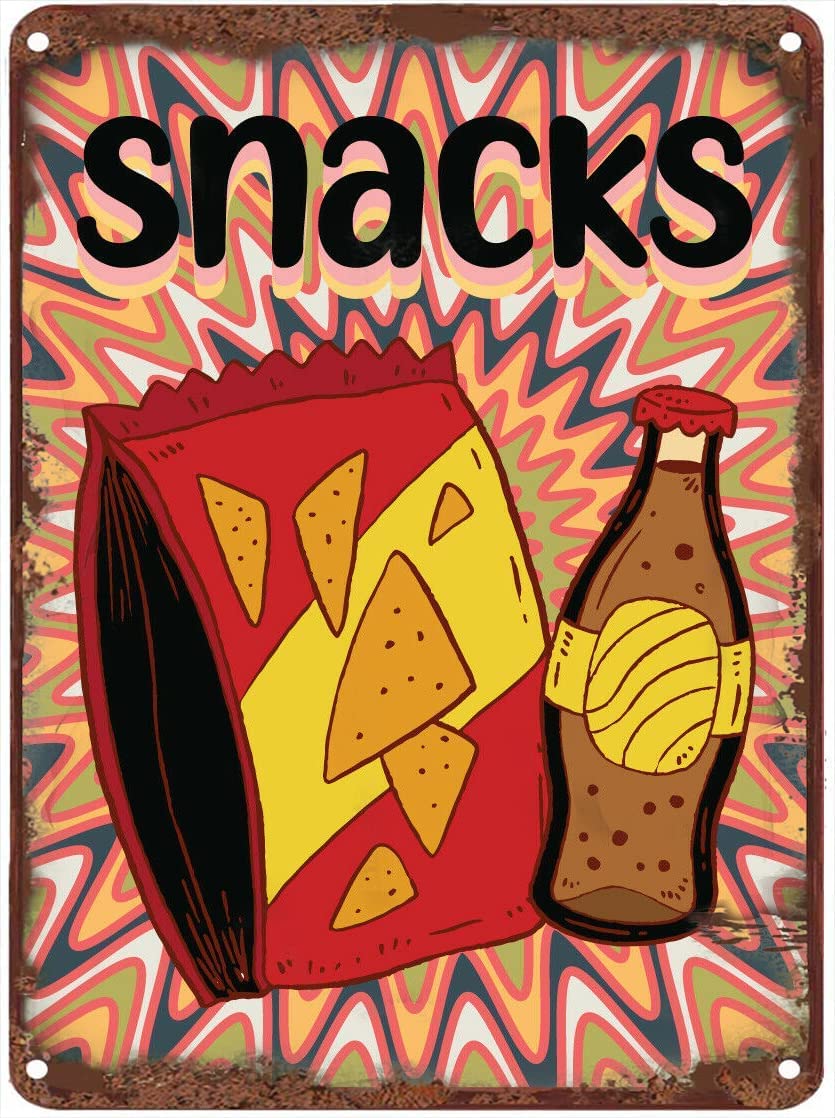 Oudrspo Vintage Metal Tin Sign Snacks Crisps & Fizzy Retro Metal Plaque Poster For Home Kitchen Bathroom Restaurant Farm Bedroom Cafe School Wall Decor Poster Painting 8x12inch