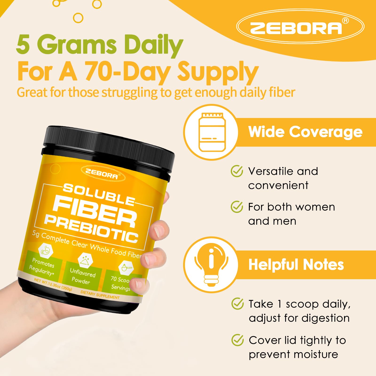 ZEBORA Soluble Fiber Supplement Powder, Unflavored, 70 Servings — Amazon image 6