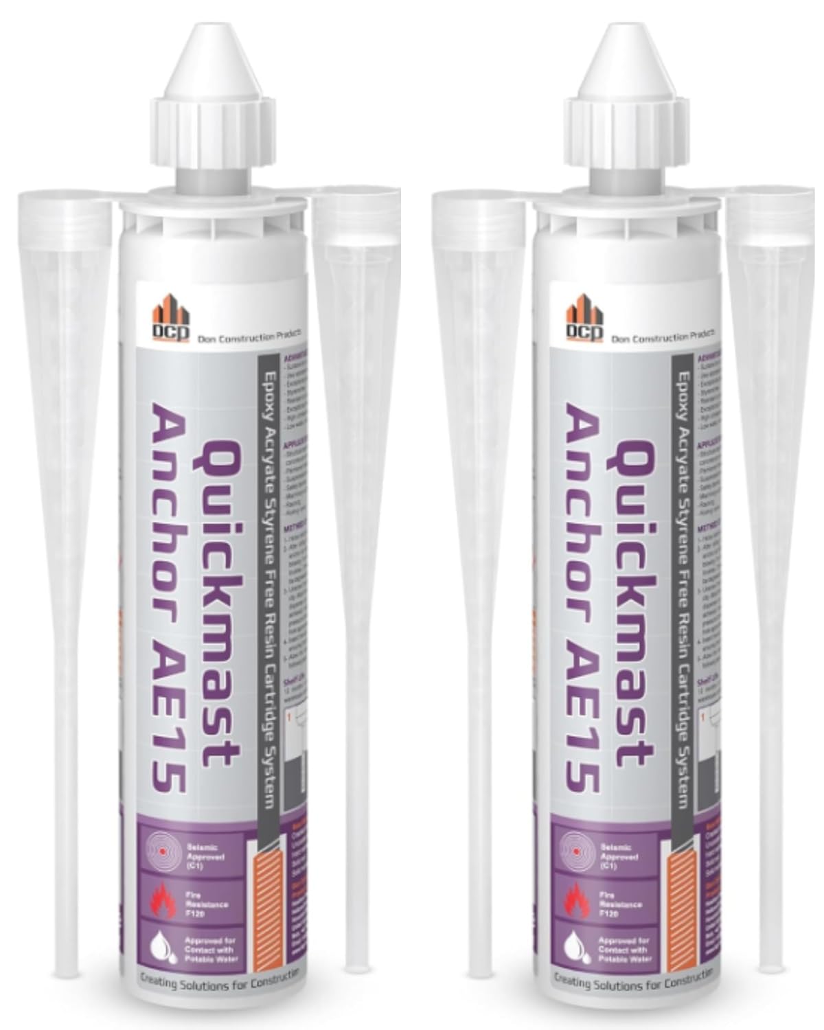 DCP Quickmast AE15 Concrete Epoxy for Rebar and Rods – High-Strength Anchoring System, Two-Part Acrylate Epoxy with Cartridge and Nozzles, 10.1 fl oz – 2 Pack