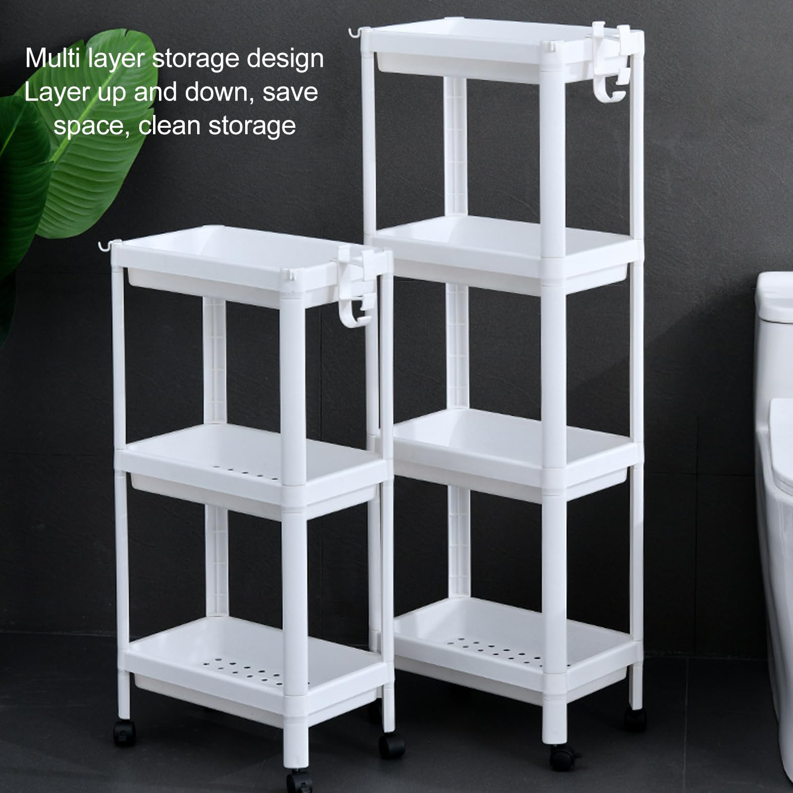 Estante de Torre de baño, Estante de Almacenamiento Independiente de plástico, Organizador, estantería Multifuncional para Sala de Estar, Dormitorio, Cocina, Blanco (4 Capas (con Ruedas))