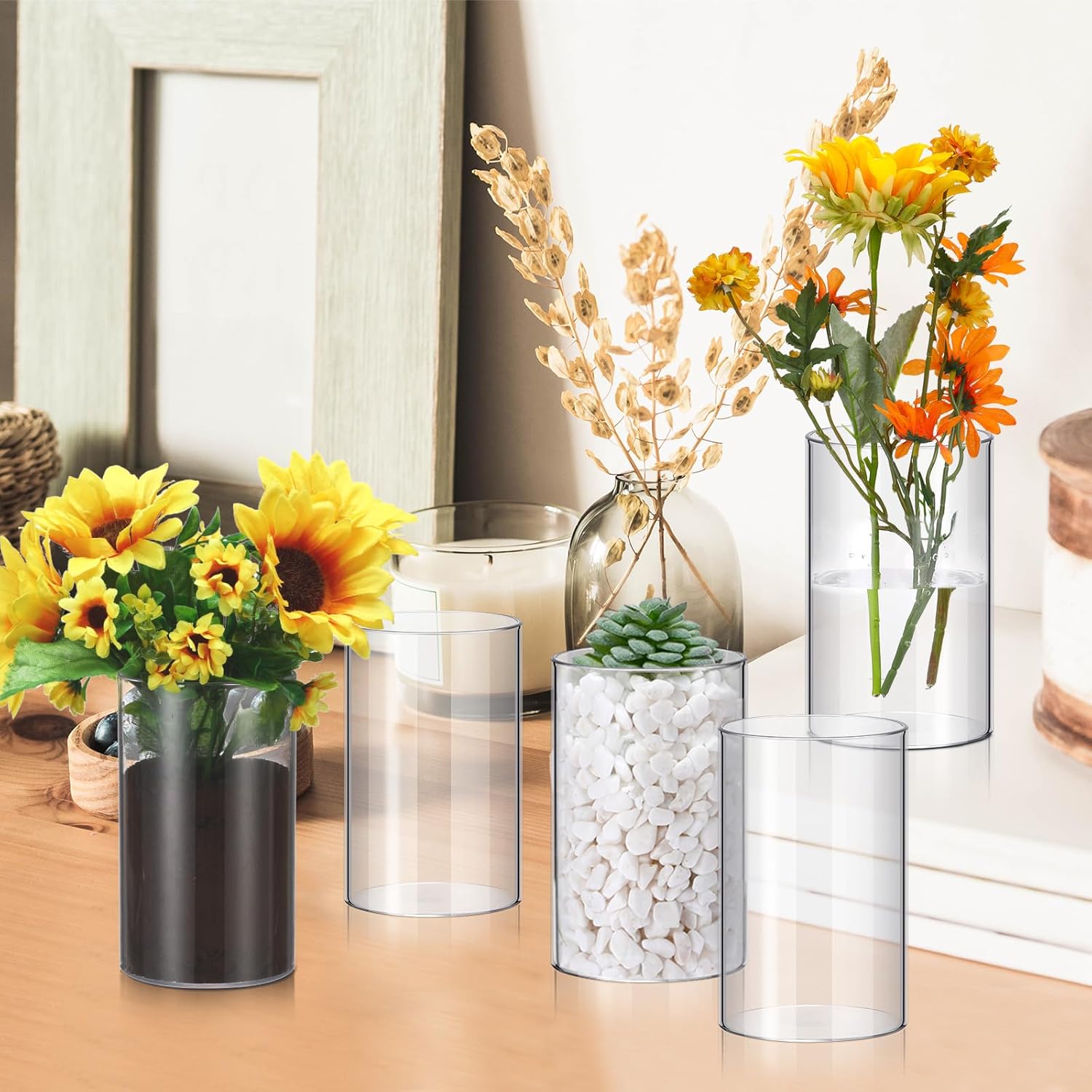 Vesici 12 Pcs Plastic Cylinder Vase 6 Inch Acrylic Cylinder Clear Flower Vase Bulk Hurricane Candle Holder Round Wide Container Centerpiece for Home Office Wedding Decorations
