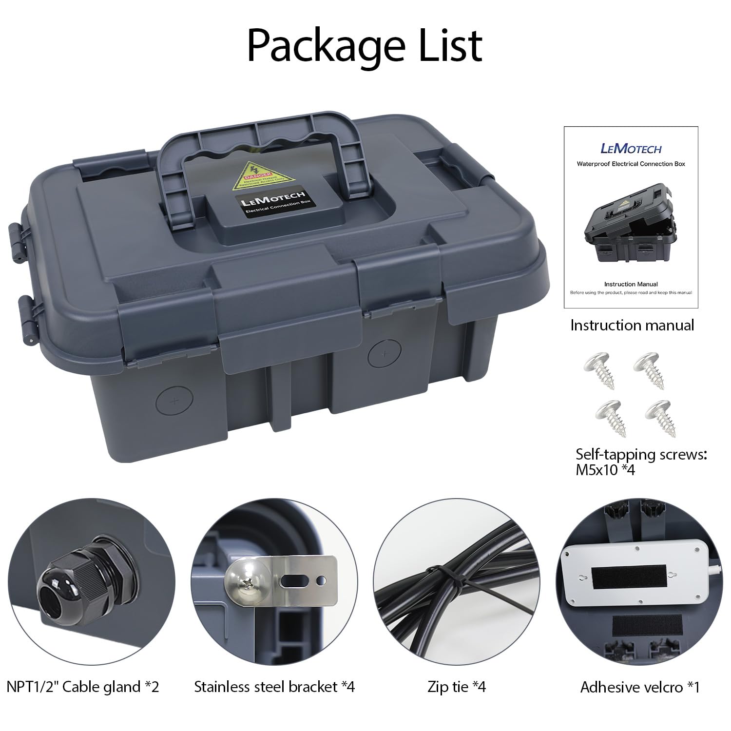 LeMotech Boîte électrique d'extérieur étanche IP55 avec poignée, couvercle de cordon d'extension avec 8 joints de câble, pour prise, minuterie, prise, multiprise, multiprise, gris