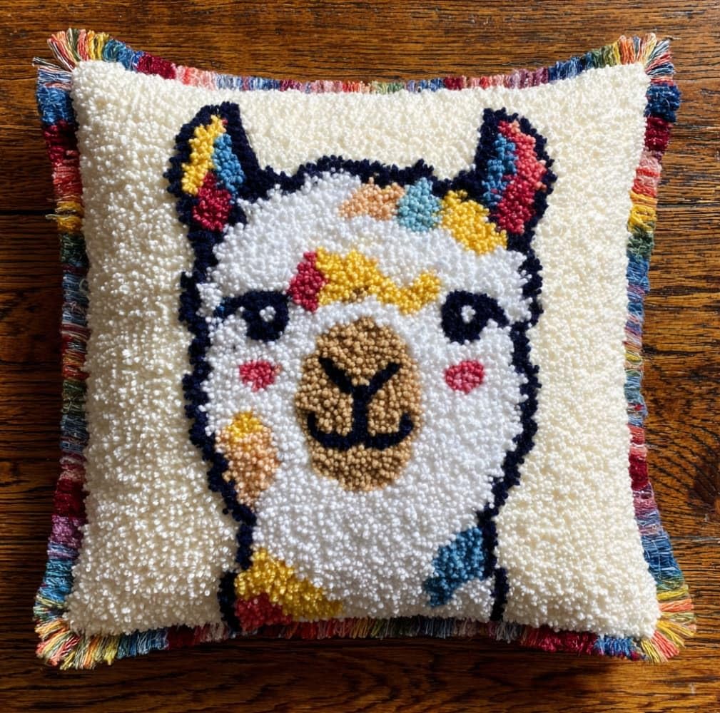 Henypt Latch Hook Pillow Kit 43x43cm,Cute Alpacas Embroidery Cushion Set for Home Interior,Relaxing Hobby for Adults & Craft Beginners
