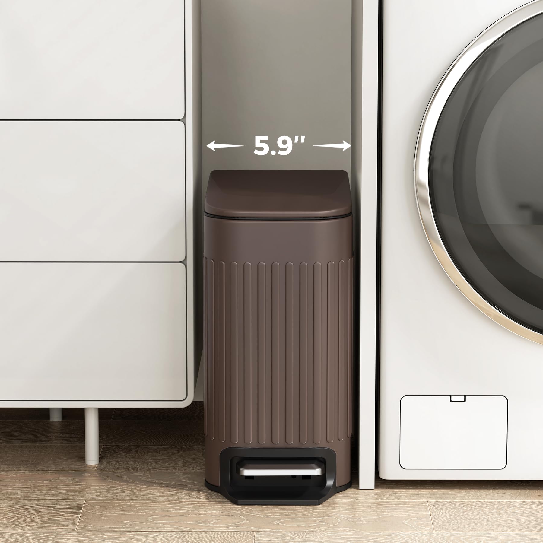 TrashAid Bote de basura delgado para baño con tapa de cierre suave, cubo de basura pequeño de acero inoxidable de 6 litros con cubo interior extraíble, pedal de paso, papelera delgada para inodoro
