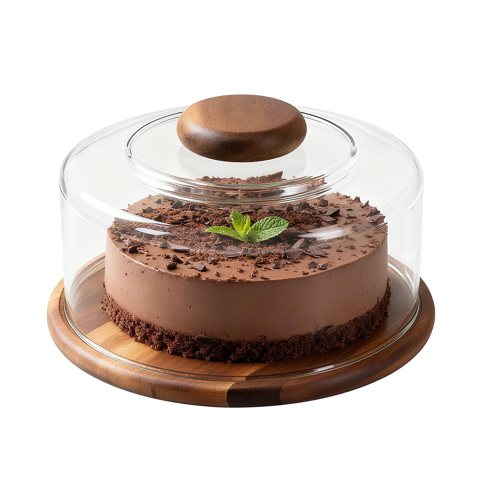 Piatto per torta con coperchio, campana in vetro con vassoio in legno, supporto per torta in legno con campana, piatto per torta con cappuccio