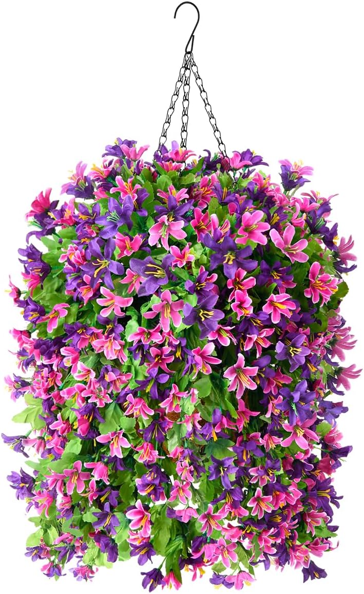 INQCMY Artificial Hanging Flowers Decoration, 4pcs Fake Floral Basket Plants for Outdoor Porch, Faux Shrubs Home Spring Decor UV Resistant Potted Violets for Outside Garden No Fade