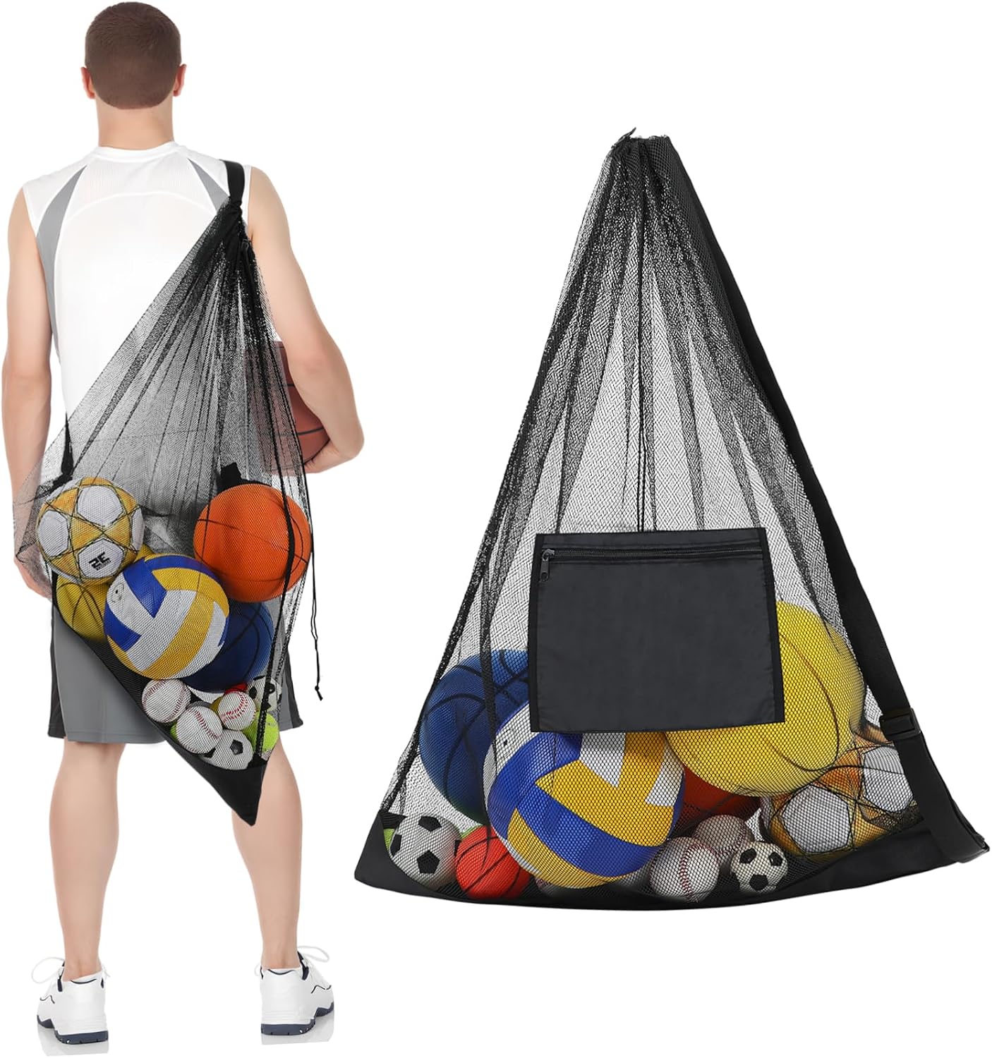 Large Mesh Ball Bag for Soccer Volleyball and Basketball Sturdy Drawstring Sports Equipment Storage Bag for Players for Team Gear