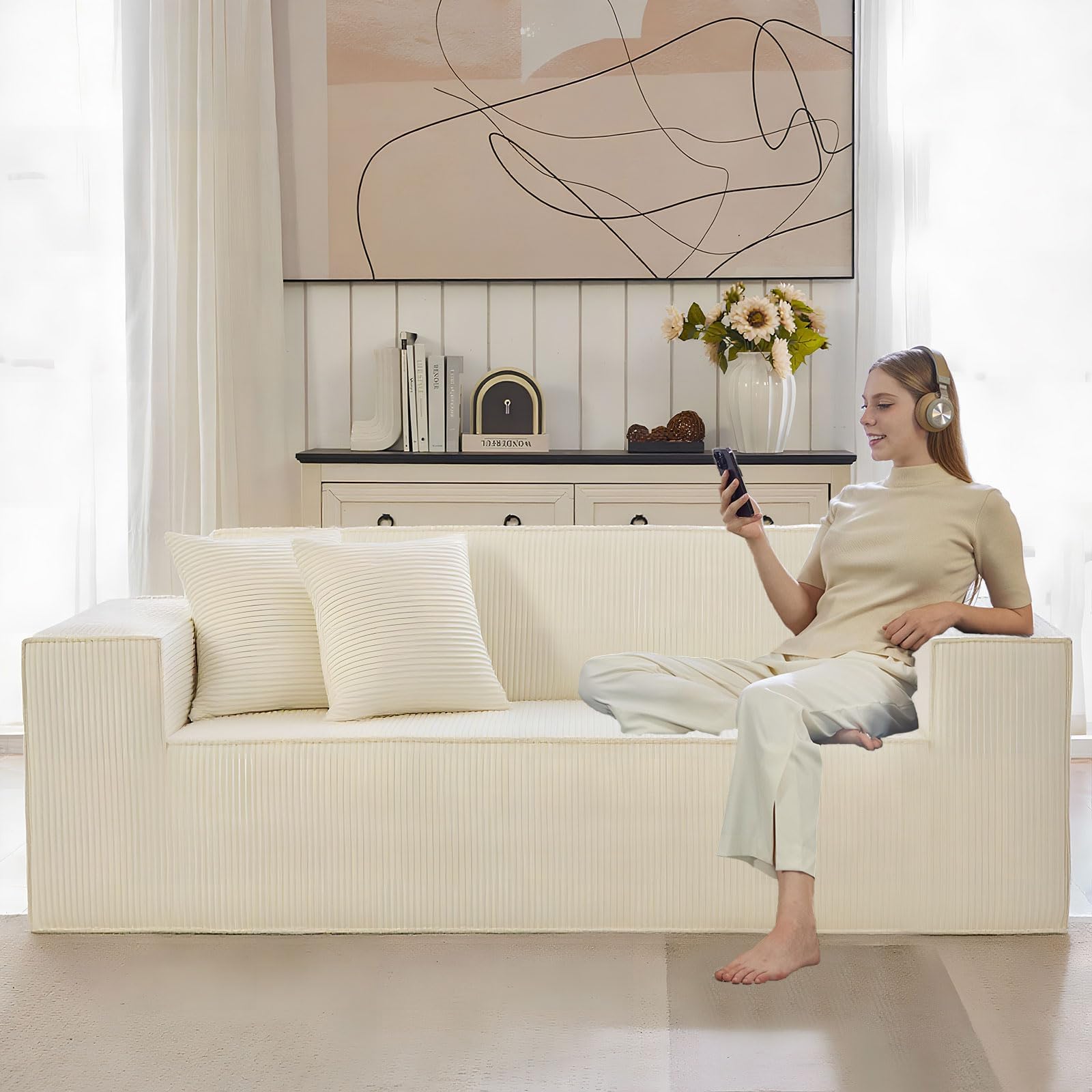 SUYOLS Corduroy Cloud Couch with Pillow, Premium Memory Foam, No Assembly Required, Deep Seat Sofa in Box, Space-Saving Chair for Home, Living Room, Bedroom, Apartment, Office, 3-Seater, Beige