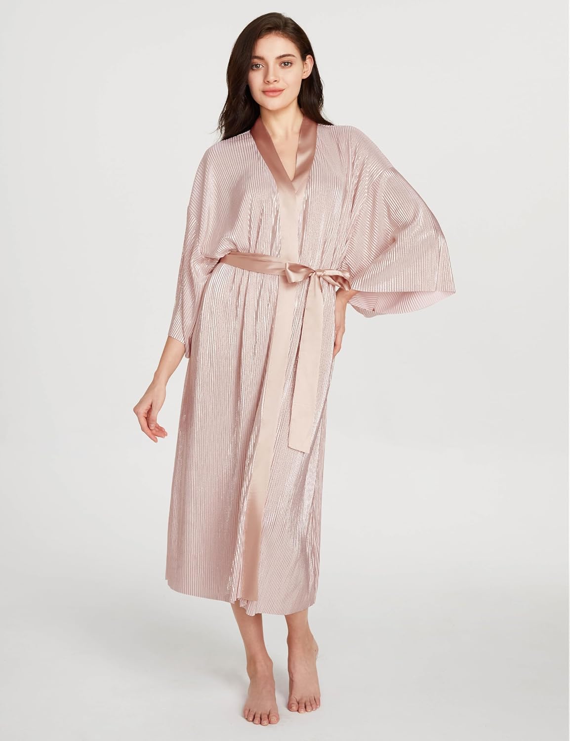 PRODESIGN Satin Robe for Women - Bath Robe with Pleated Design Long Kimono Nightgown for Sleepwear Wedding Bridesmaid - Image 3