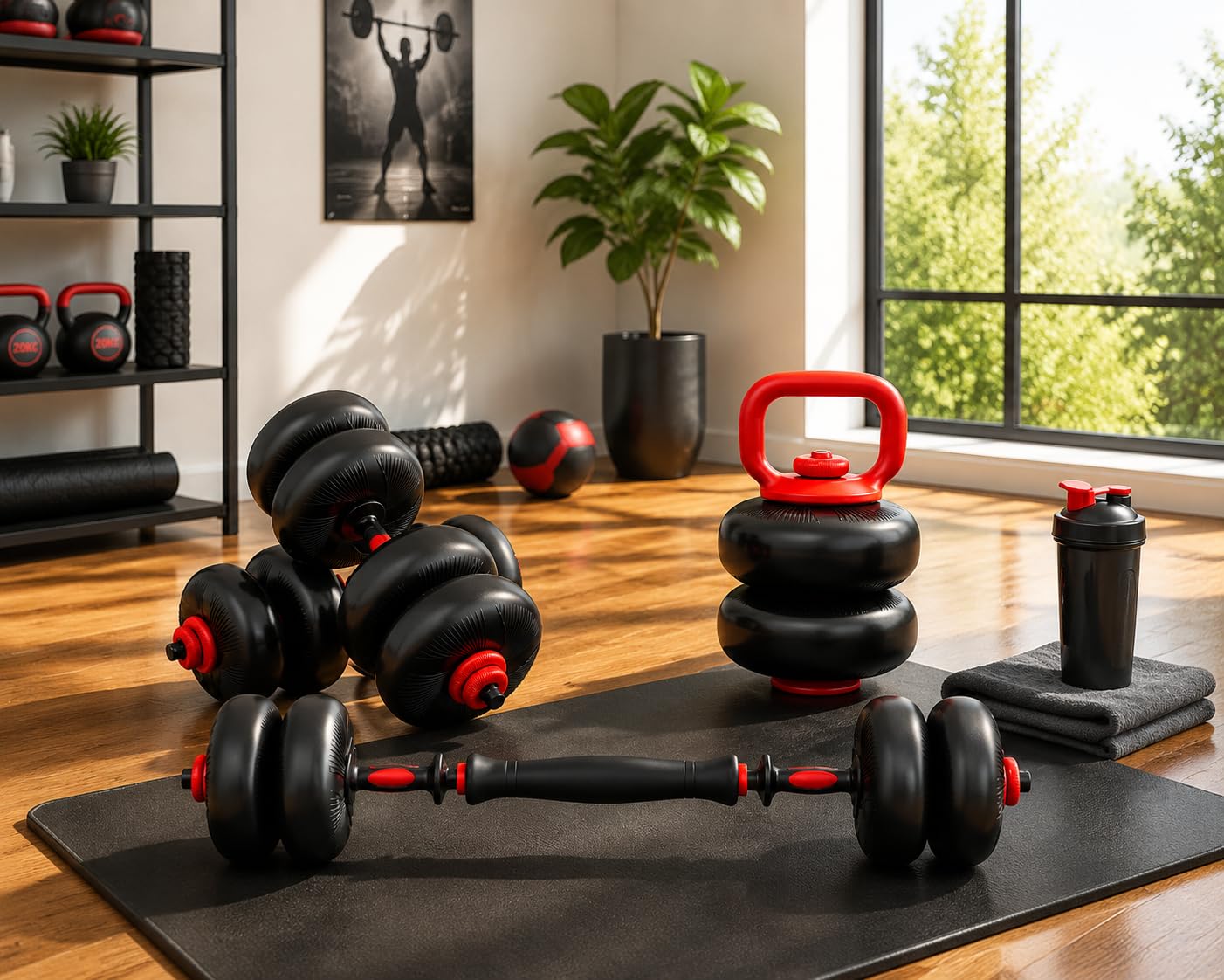 Haltères Réglables 20 kg 25 kg Ensemble d'haltères 4 en 1, Kettlebell, Haltère Barre, Support de Pompes, Disque pour Home Gym Fitness
