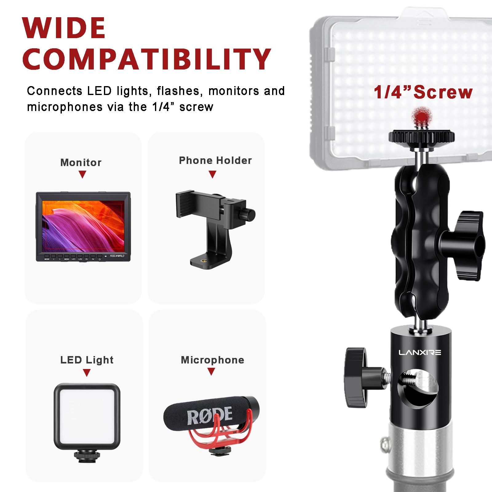 Adaptador De Montaje Doble Lanxire Con Cabezal De Bola - Para Soporte C Y Flash, Tornillo 1/4"