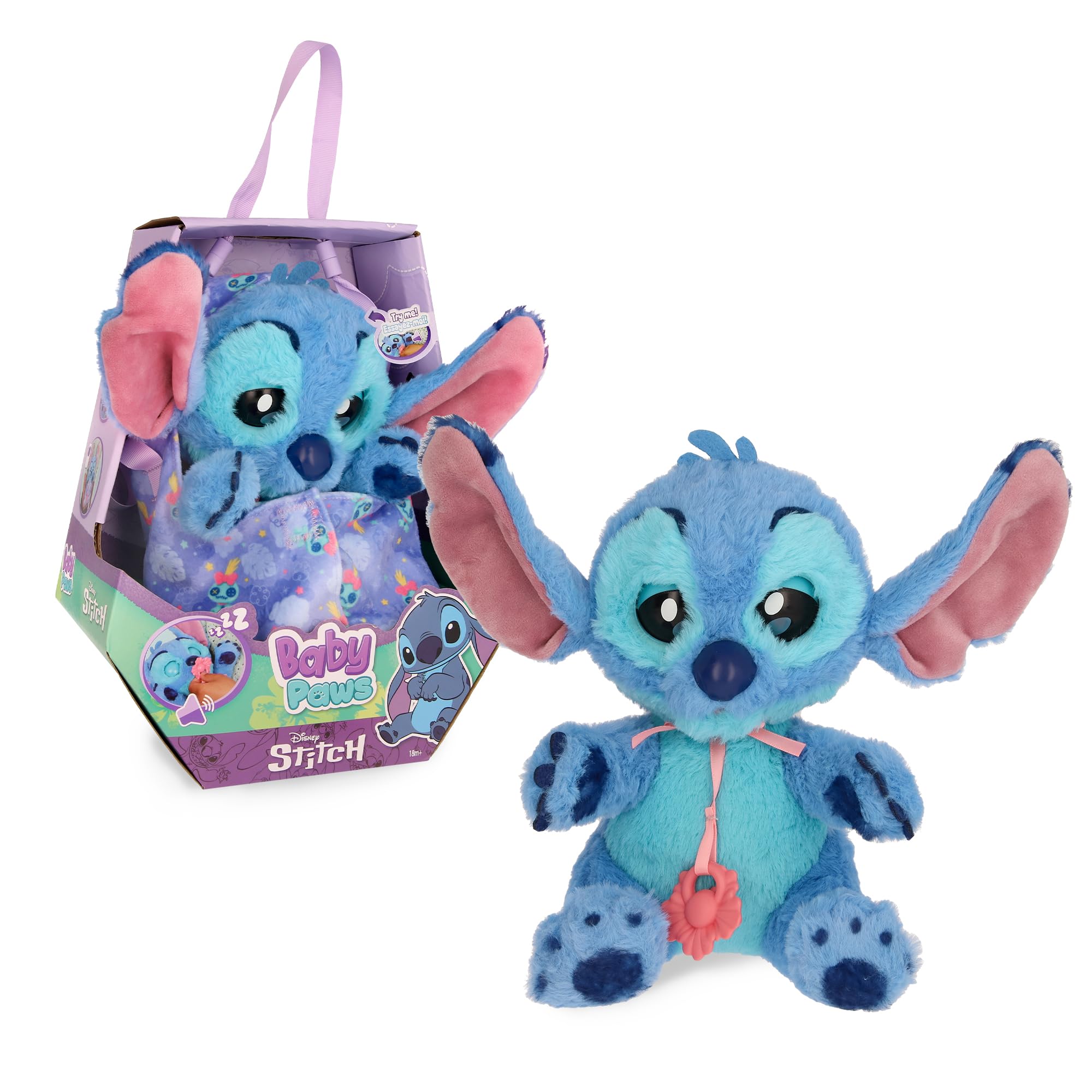 BABY PAWS Stitch, Cucciolo Interattivo di Peluche per Bambini con Suoni che Apre e Chiude gli Occhi, include una Borsa-​Copertina, Giocattolo per Bambini dai 3 Anni in su