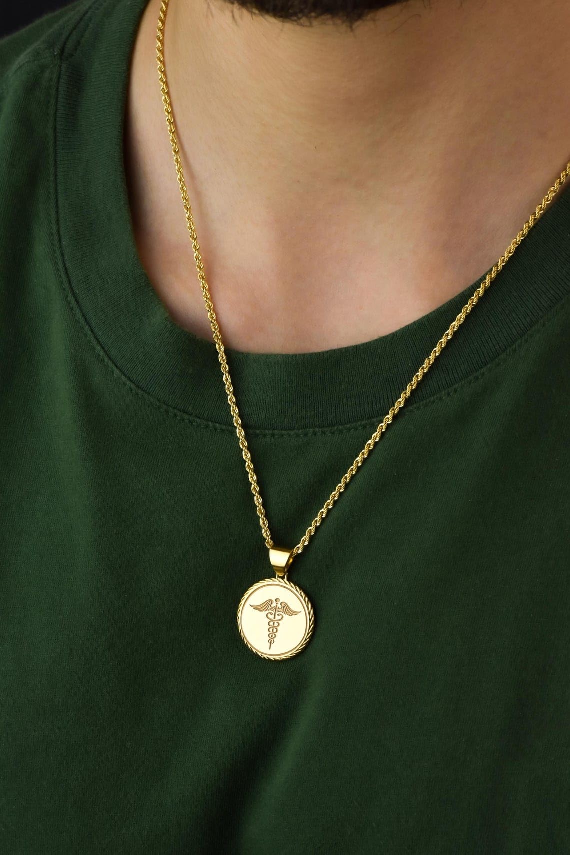 Collana con ciondolo Caduceo in argento sterling 925 color oro |WW_NLC_00390