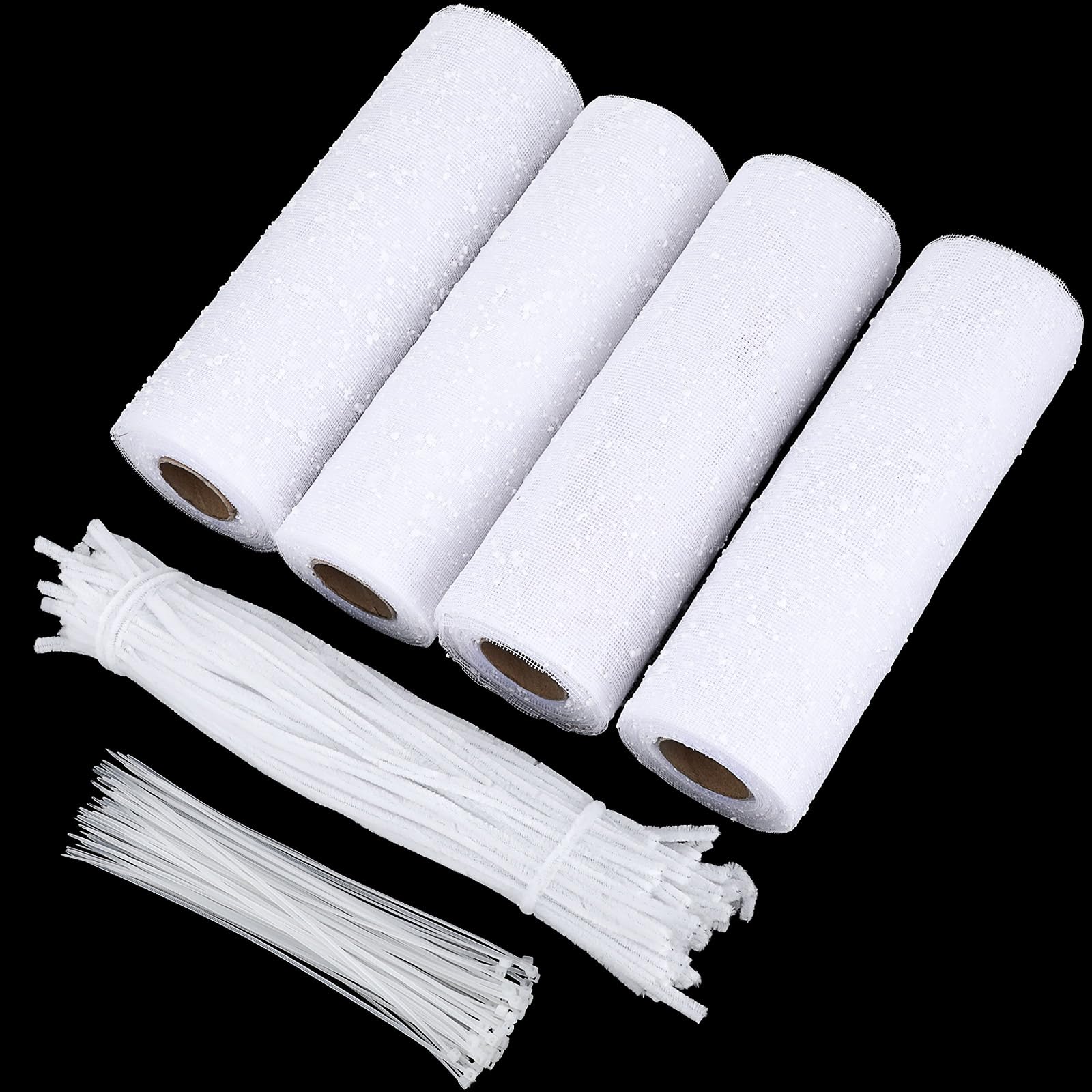 Windyun 4 Rolls 10 Inch Snow Mesh Ribbon Christmas White Tulle Ribbon 40 Yards Burlap Decor Mesh Rolls Tree Decoration for Wreaths Christmas Party