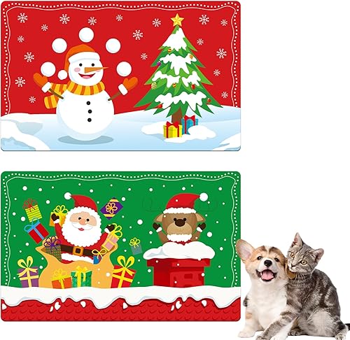 Miniatura 1 de 2 tapetes navideños para comida de mascotas, impermeables, antideslizantes, para comida para perros, tapete grande para comedero de perros, muñeco