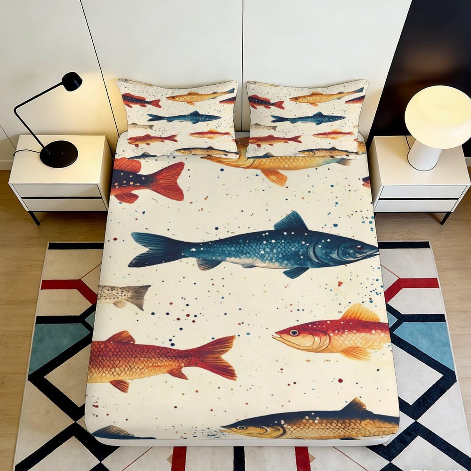 3D Printed Colorful Fish Fitted Sheet Microfiber Soft Anti-Slip Protection for Bedroom Guestroom Mattress Cover Decor 90x200x25cm